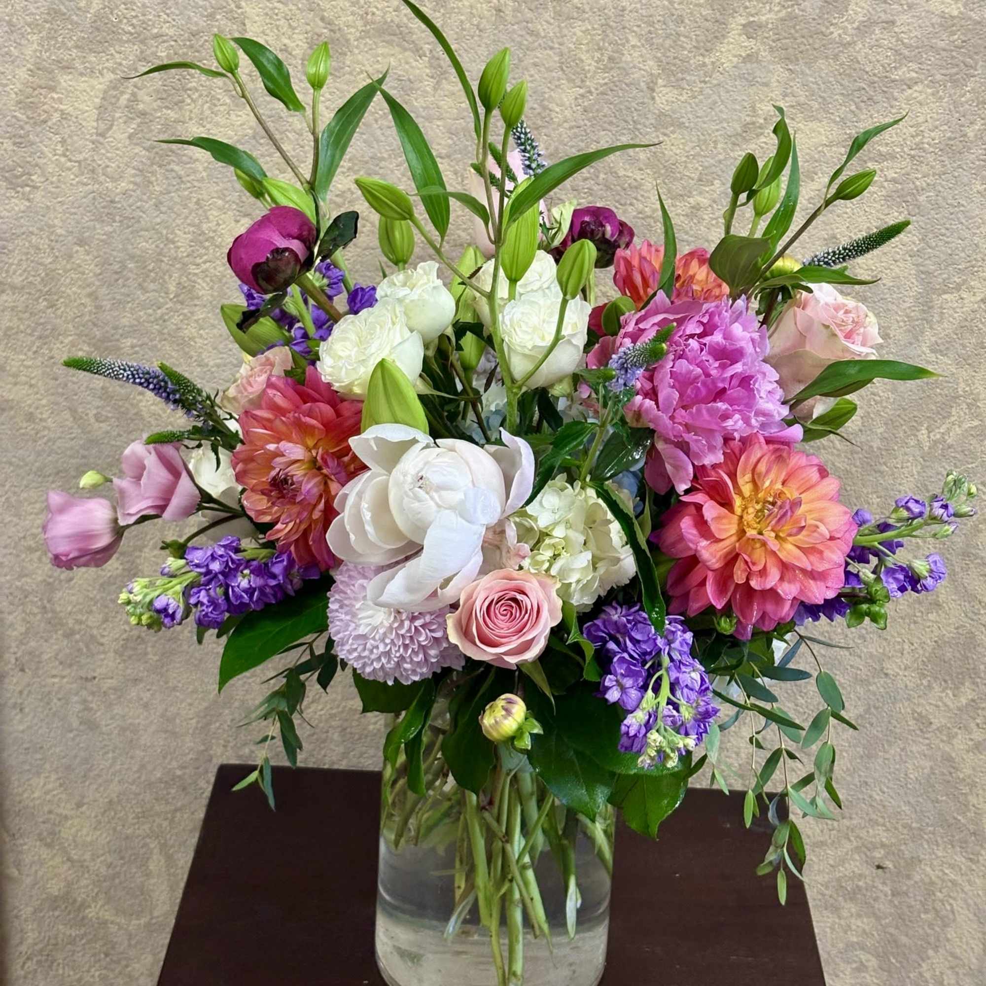Recipe: Seasonal Dahlias, Ranunculus, and Peonies, Lisanthus, Hydrangaes, Roses, Stock, Veronica, Chrysanthemum