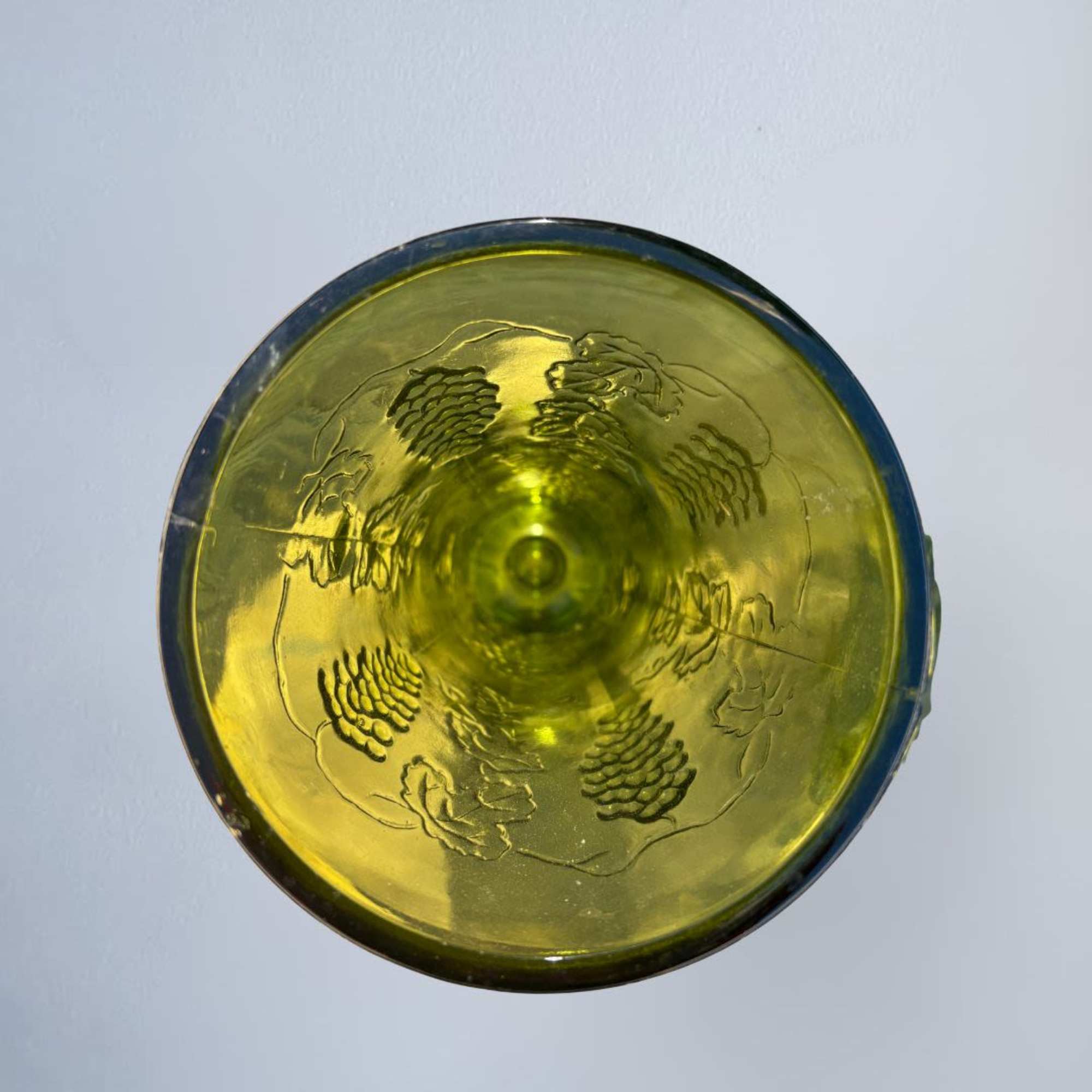Beautiful vintage green glass vase featuring an elegant etched grape and vine, photo 2 of 4