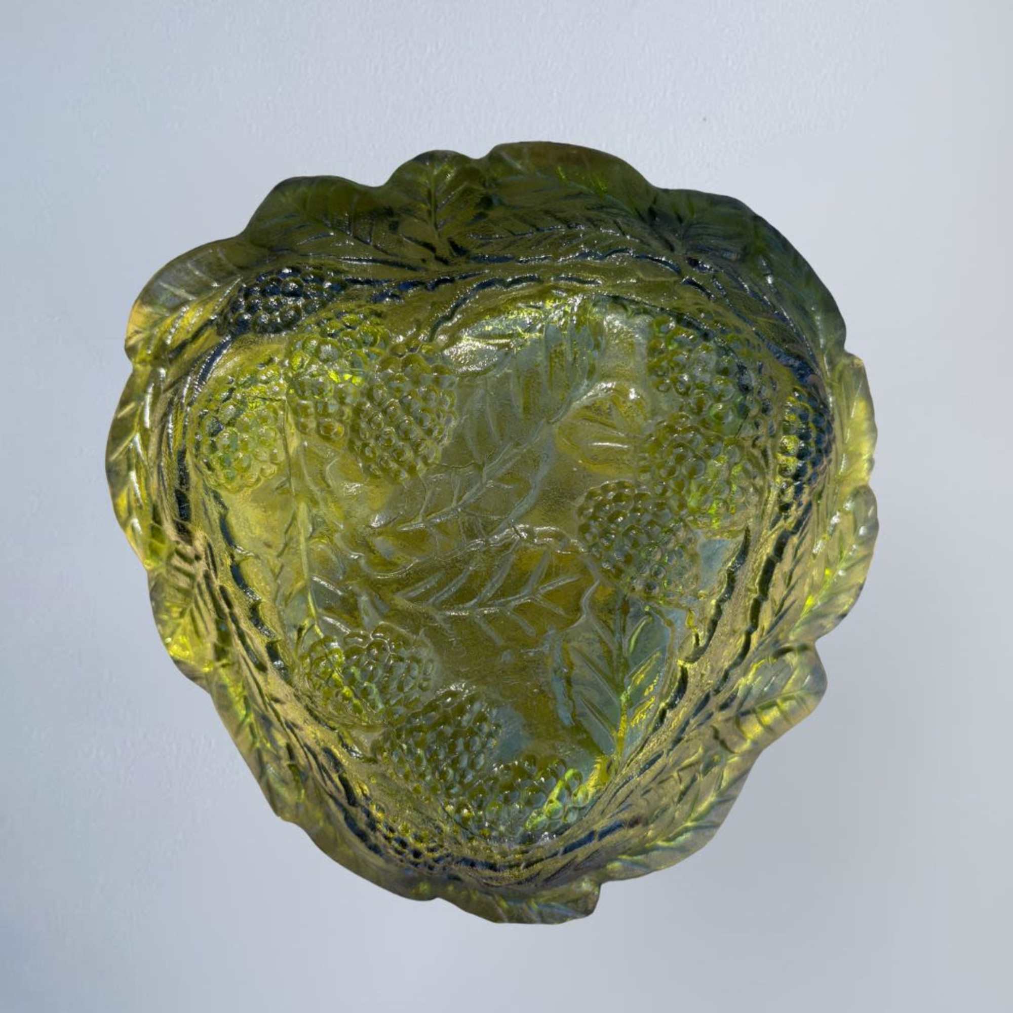 Beautiful vintage green glass vase featuring an elegant etched grape and vine, photo 3 of 4