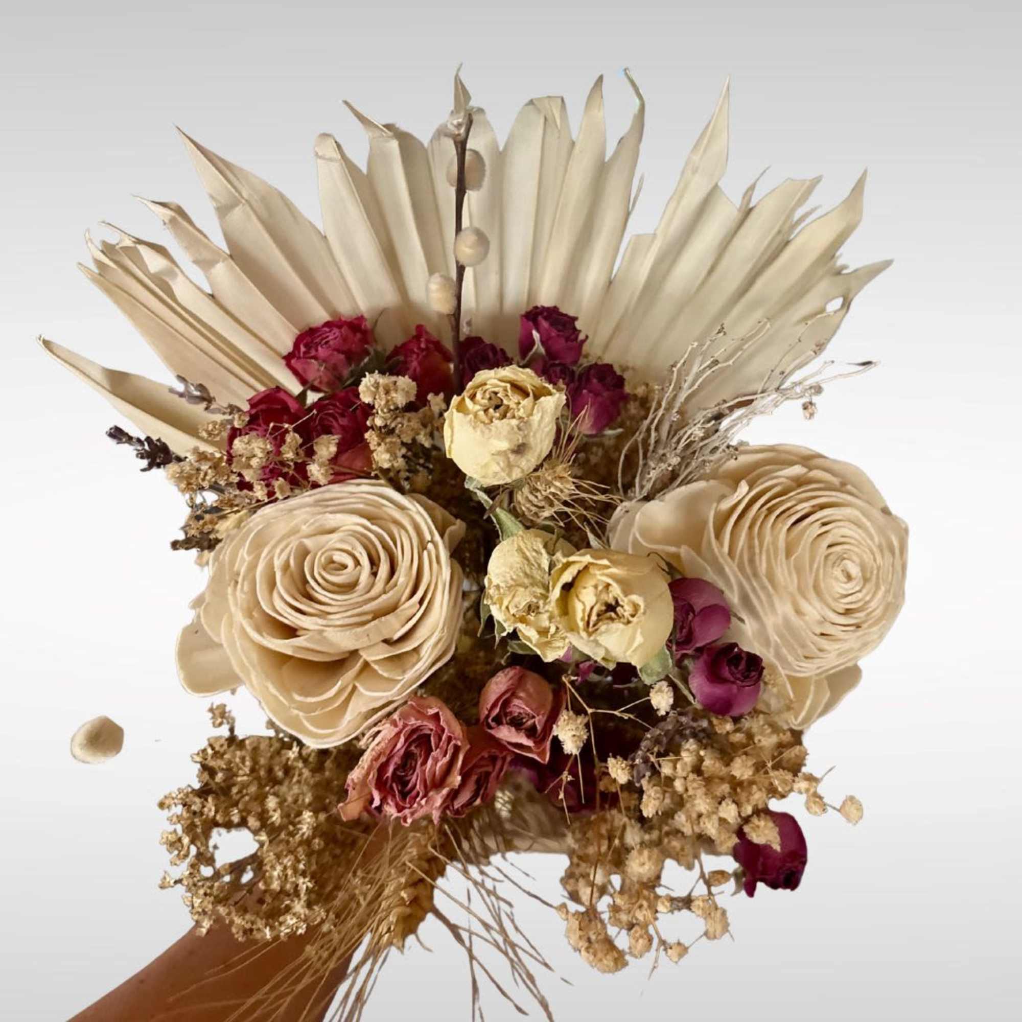 These dried flower bouquets include a dried leaf fan, wheat, babies breath, photo 2 of 2