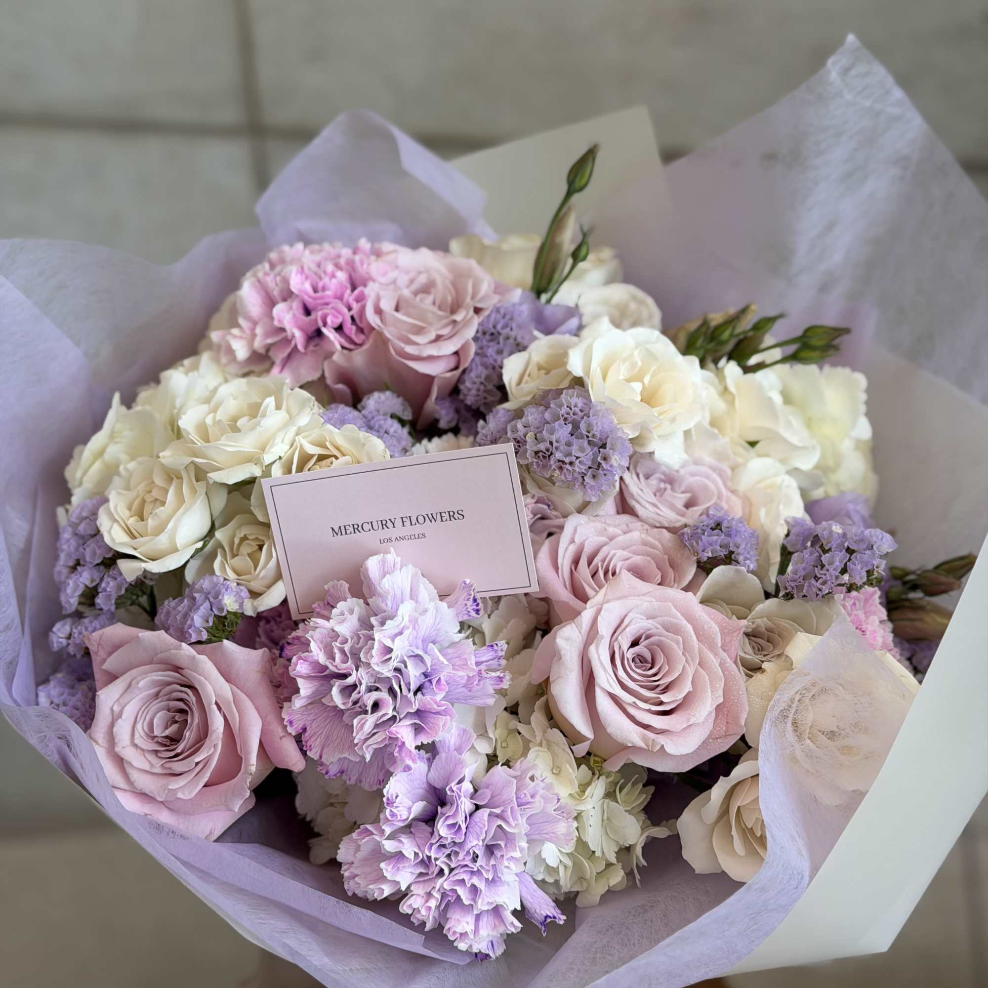 A dreamy pastel bouquet designed in soft shades of lavender, blush pink, photo 4 of 5