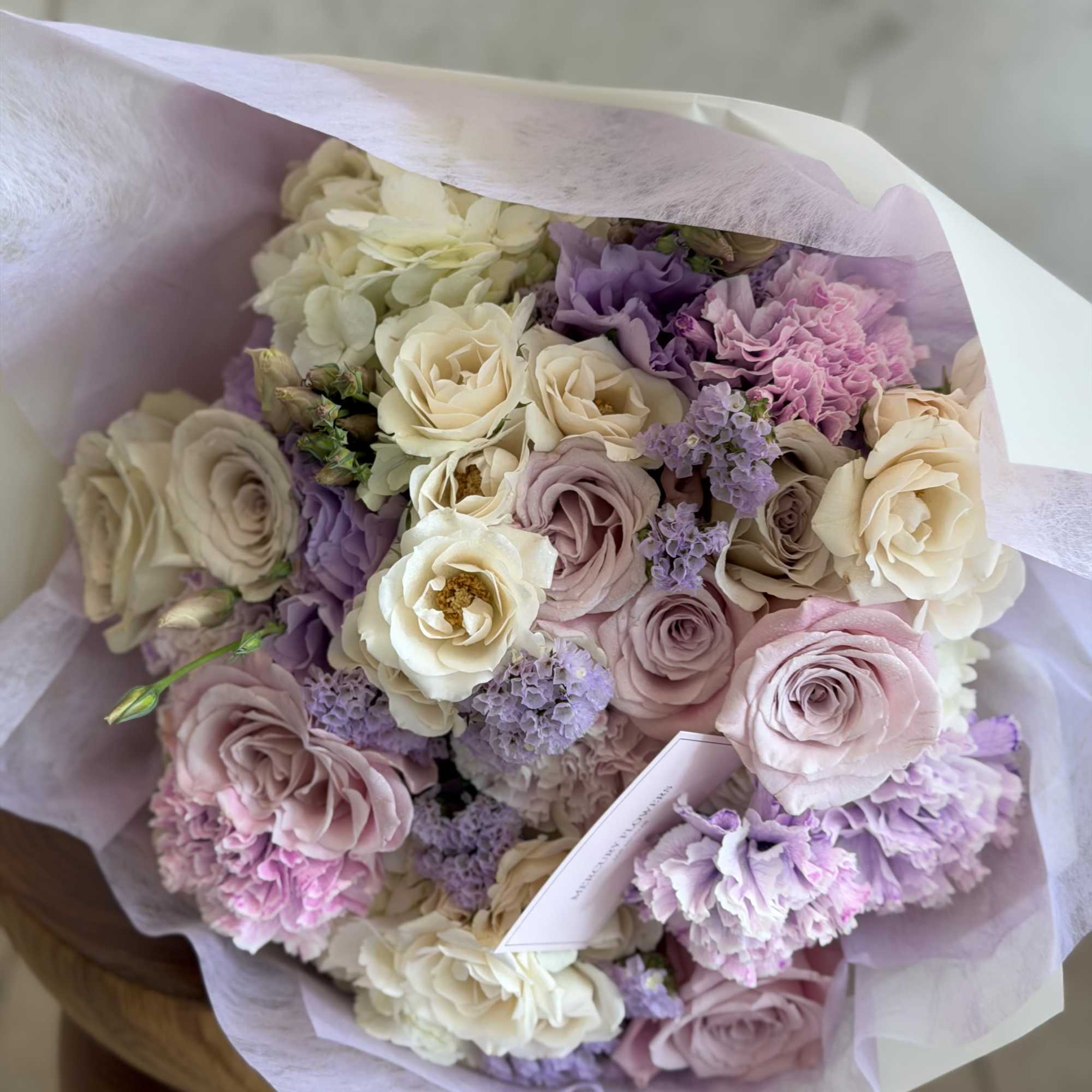 A dreamy pastel bouquet designed in soft shades of lavender, blush pink, photo 5 of 5