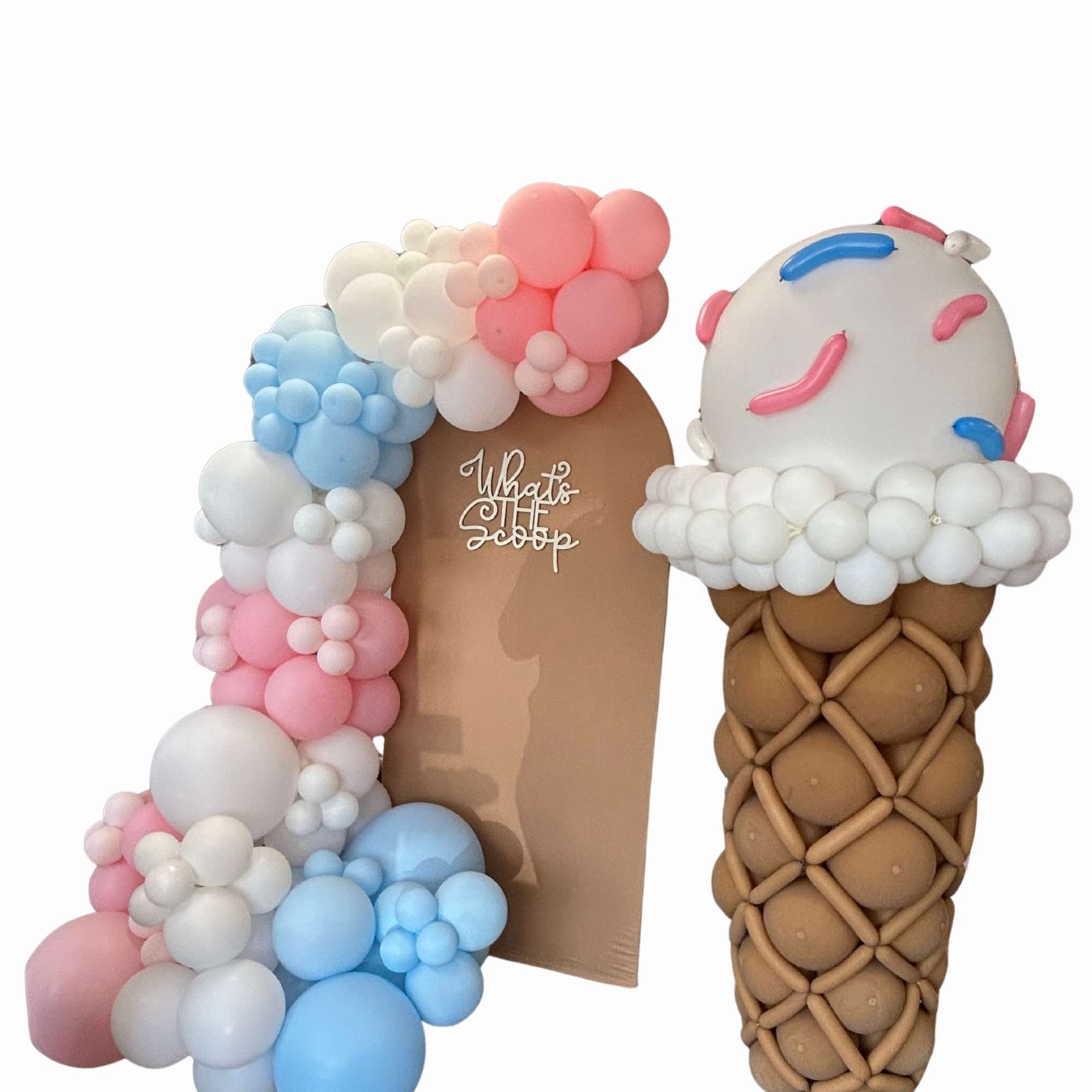 Balloon ice cream cone display with pastel pink, blue, and white balloons