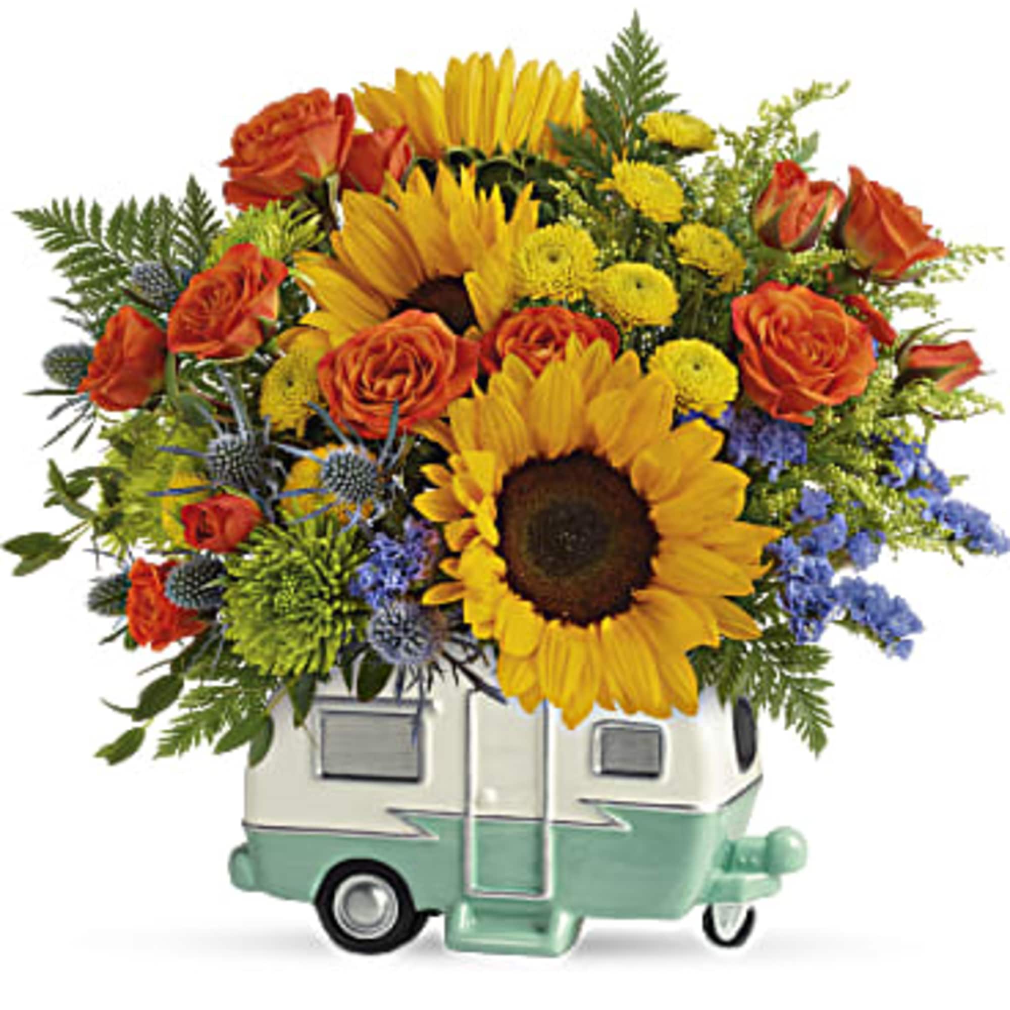 Bouquet of sunflowers and orange roses in a camper-shaped container
