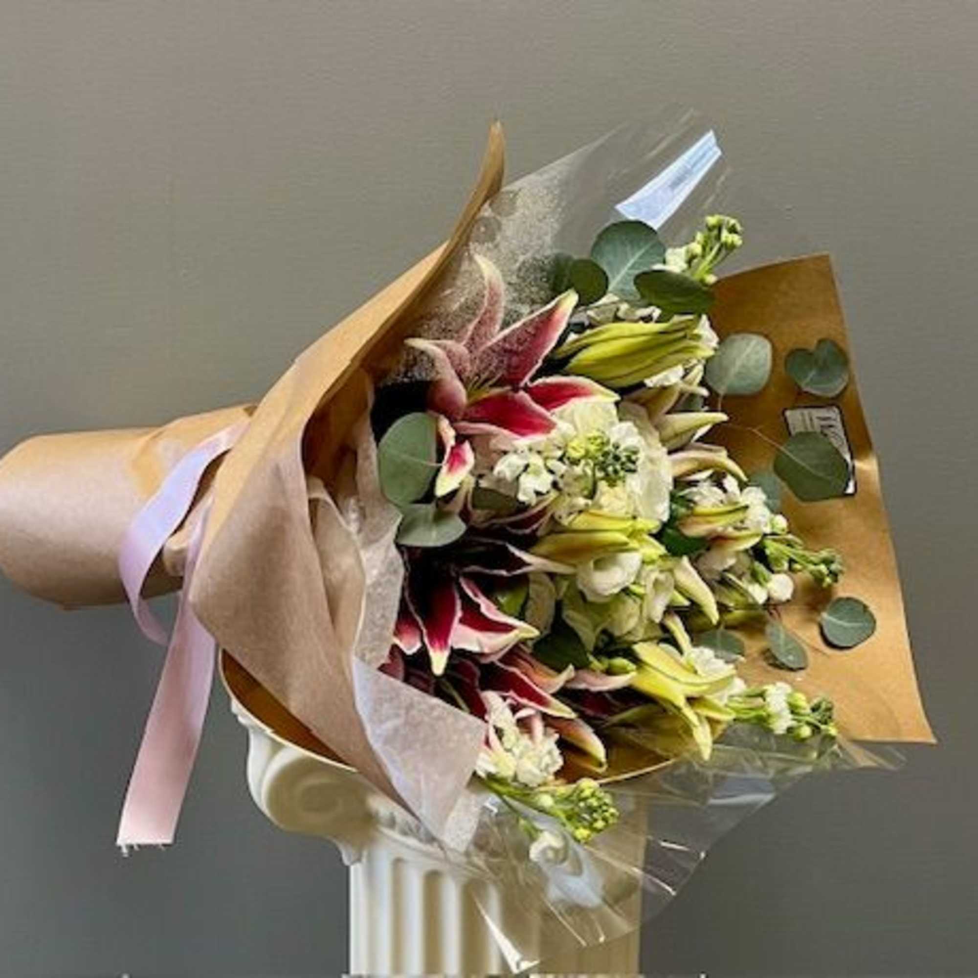 Wrapped bouquet of white roses, lilies. &amp; other mixed white flowers Please, photo 2 of 2