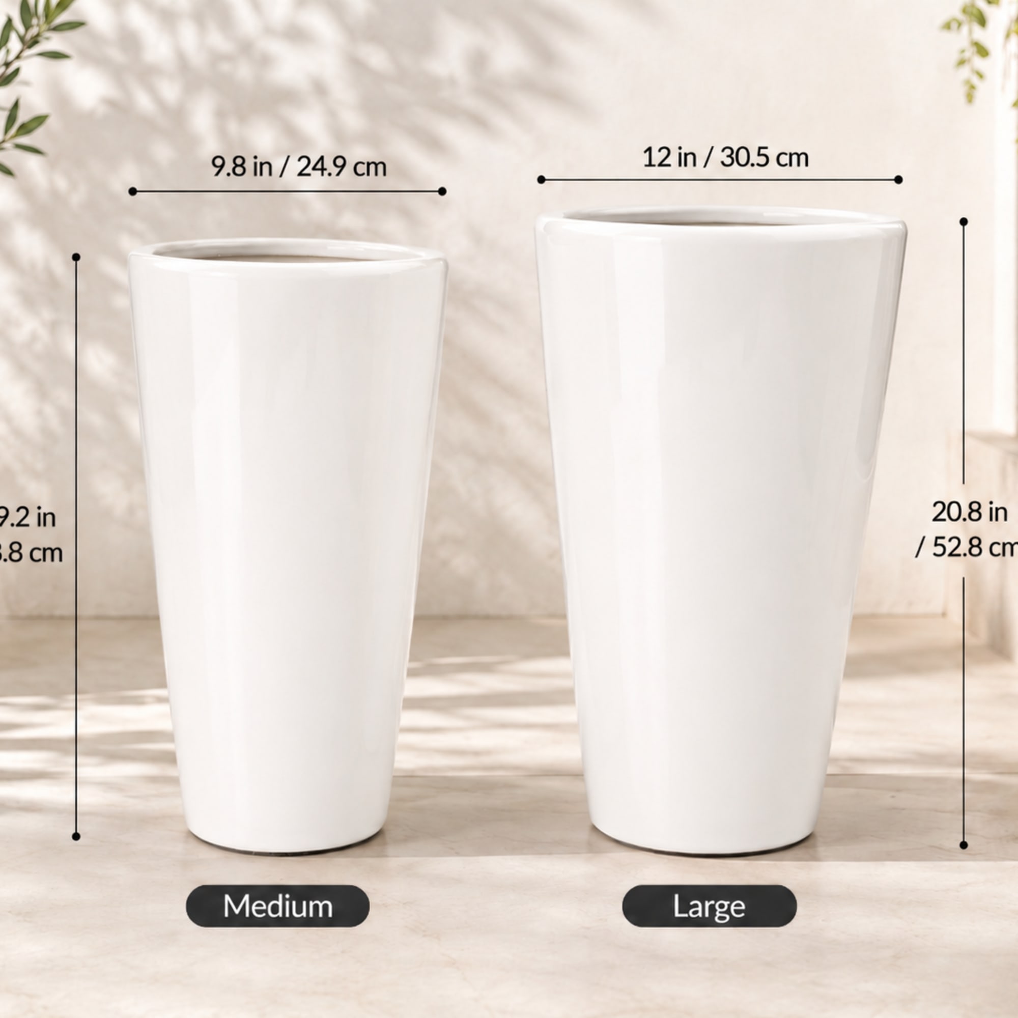 Two tall white tapered planters shown side by side with size labels.