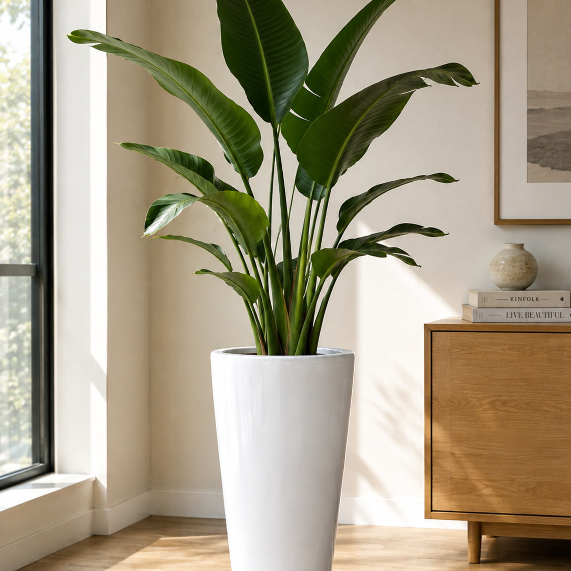 Tall potted plant with broad green leaves in a white planter