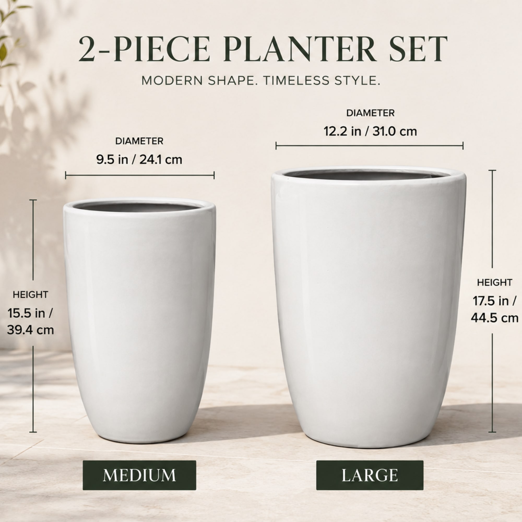 Two white ceramic planter pots in medium and large sizes