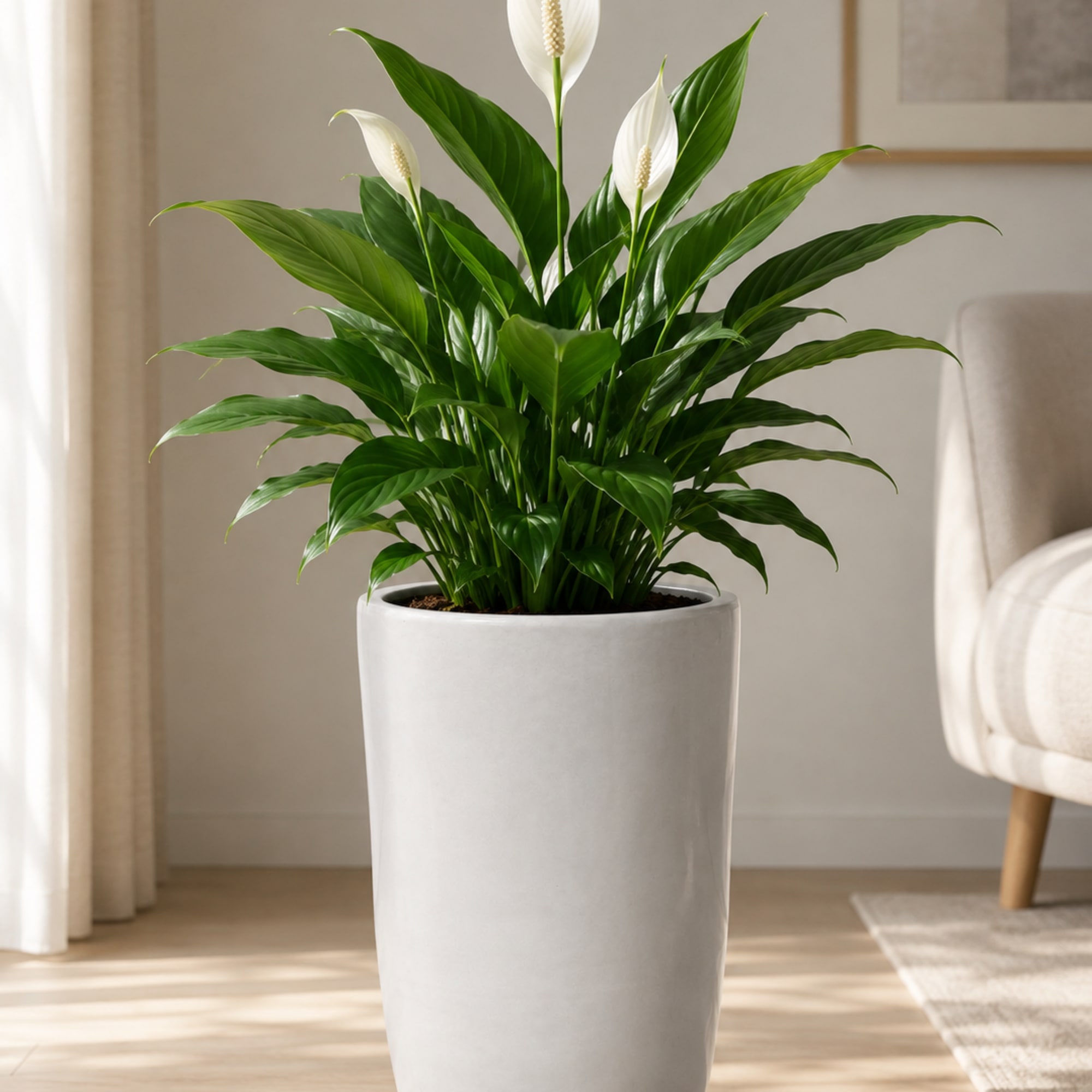 White peace lily plant in a tall white pot