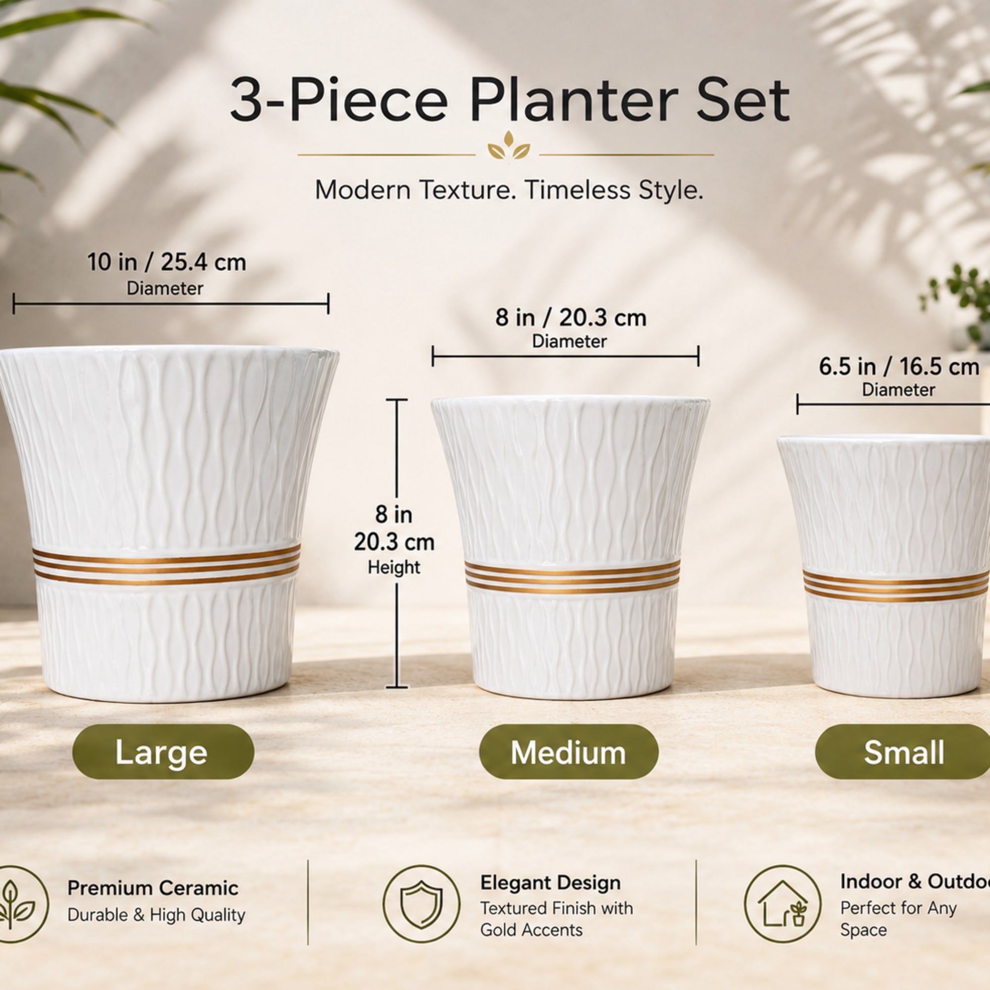 Three white textured ceramic planters in different sizes with gold bands.