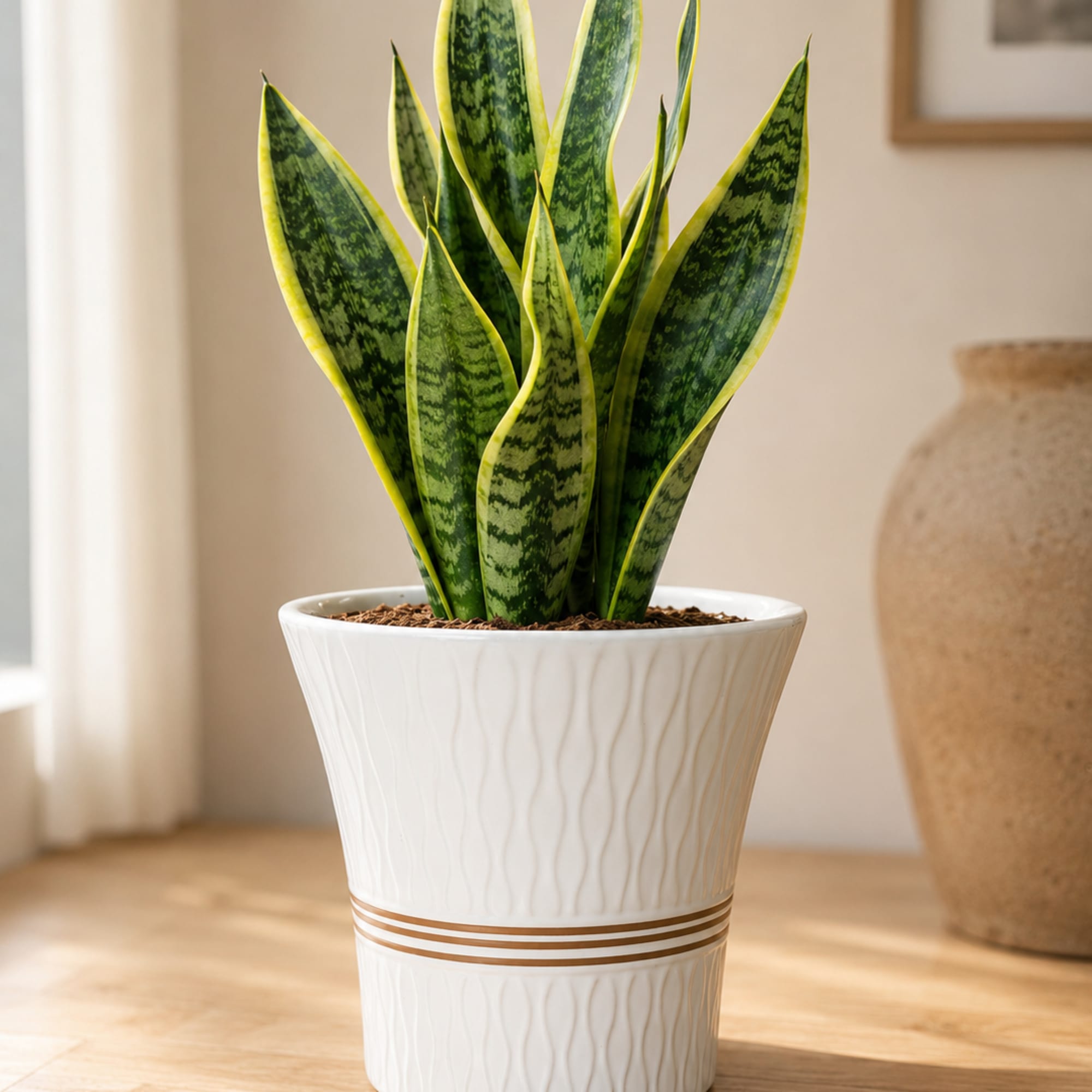 Potted snake plant in a white decorative planter