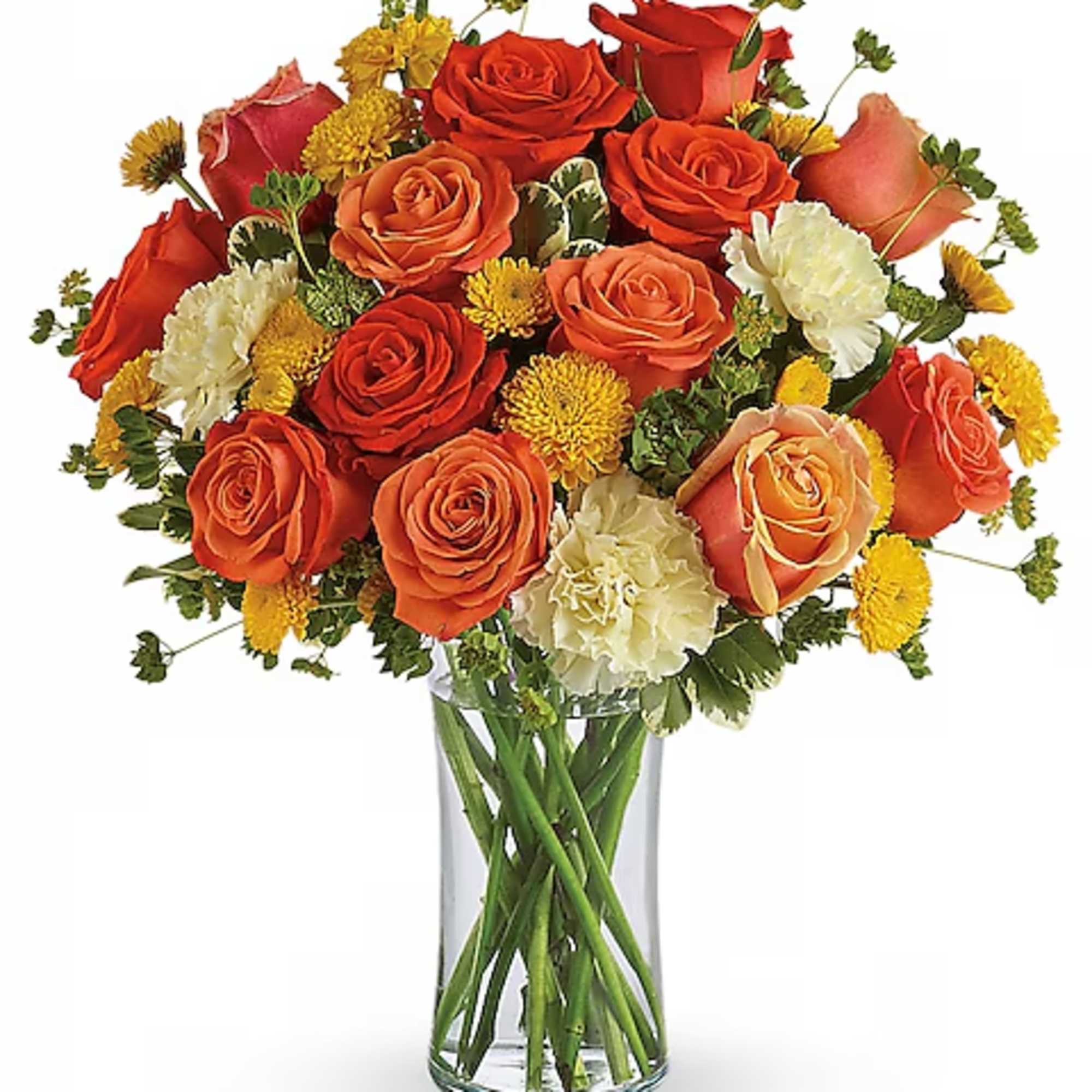Bouquet of orange and red roses with yellow accents in a clear glass vase