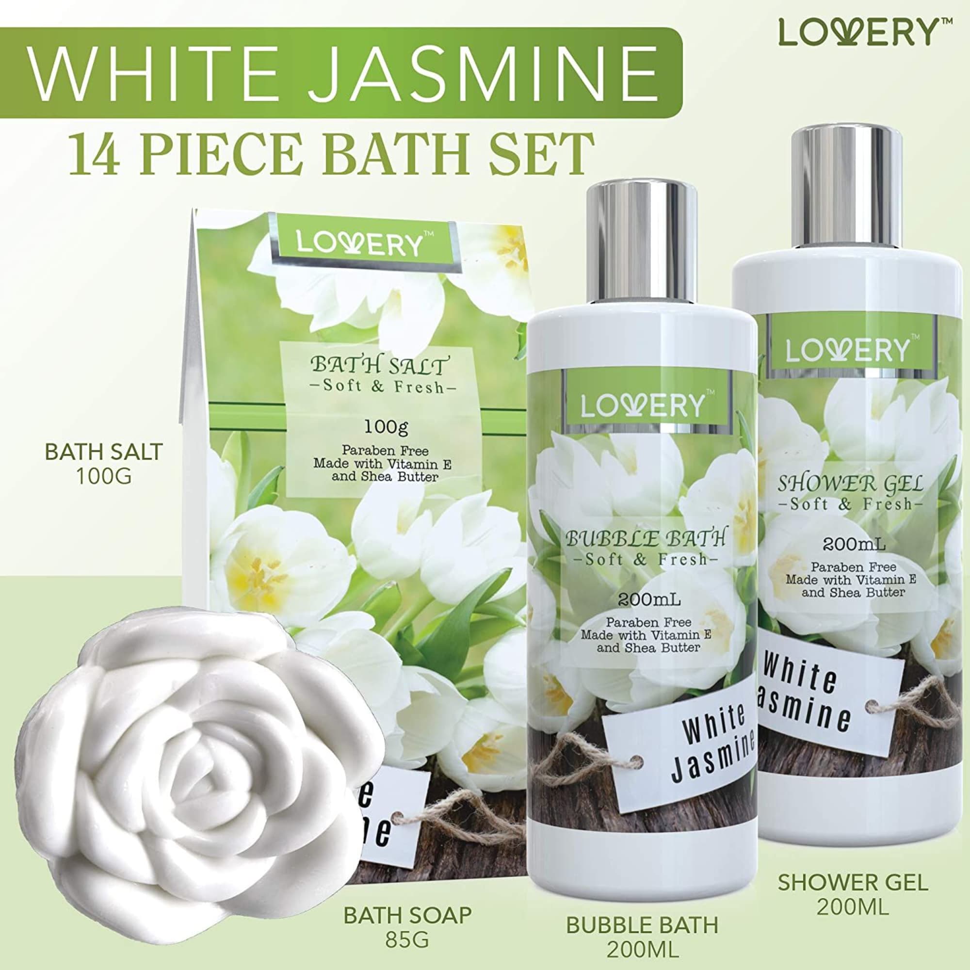 White jasmine themed 14 piece bath set with bottles, bath salts, and rose-shaped soap