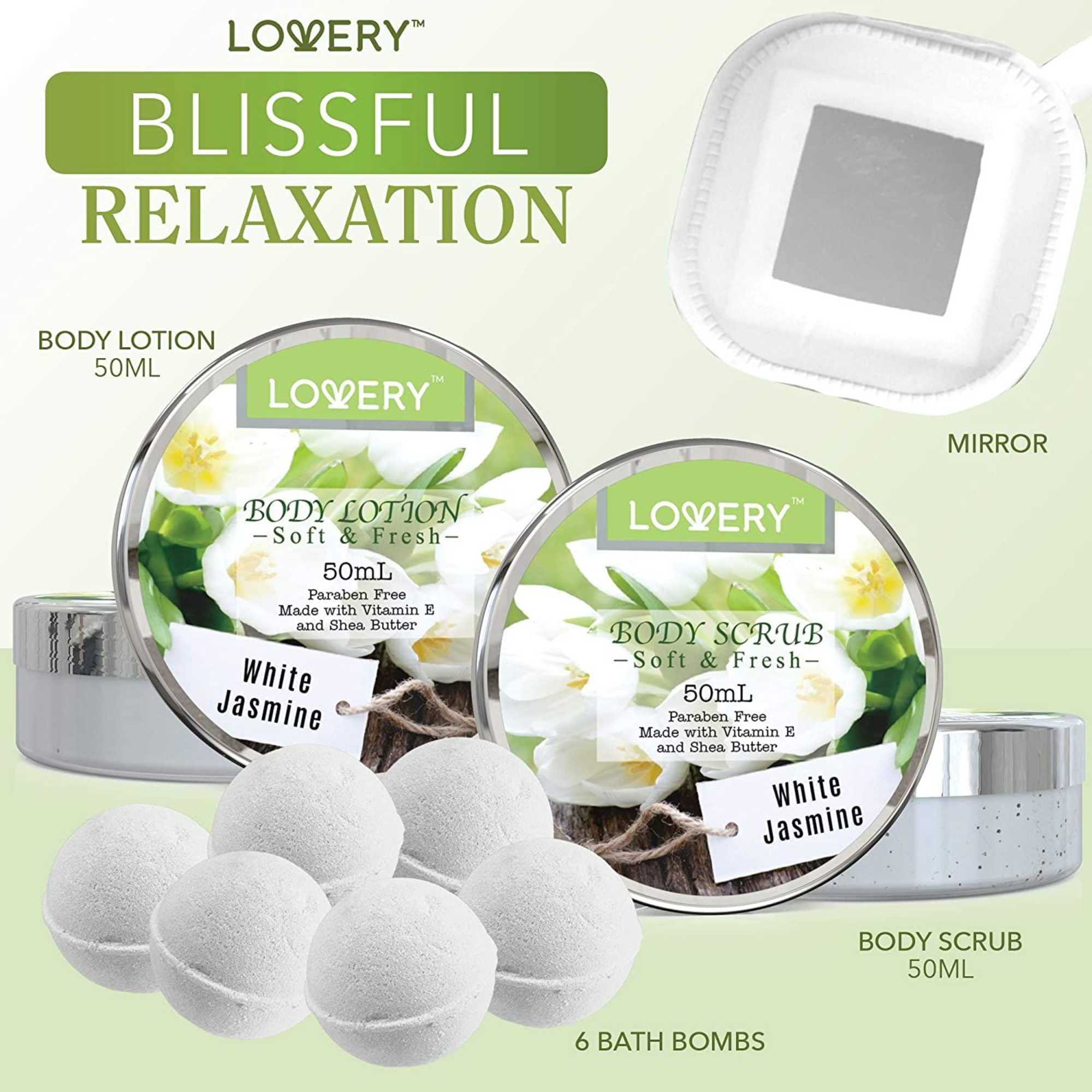 White jasmine bath gift set with body lotion, body scrub, bath bombs, and mirror