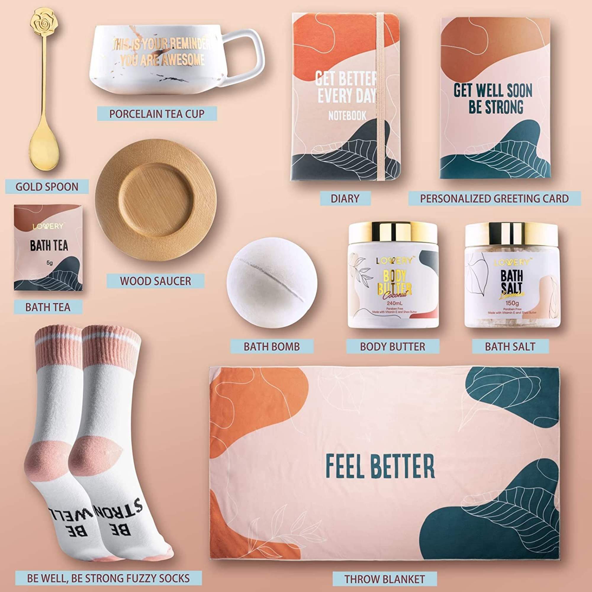 Get well themed self-care gift set with mug, socks, bath items, notebook, card, and blanket