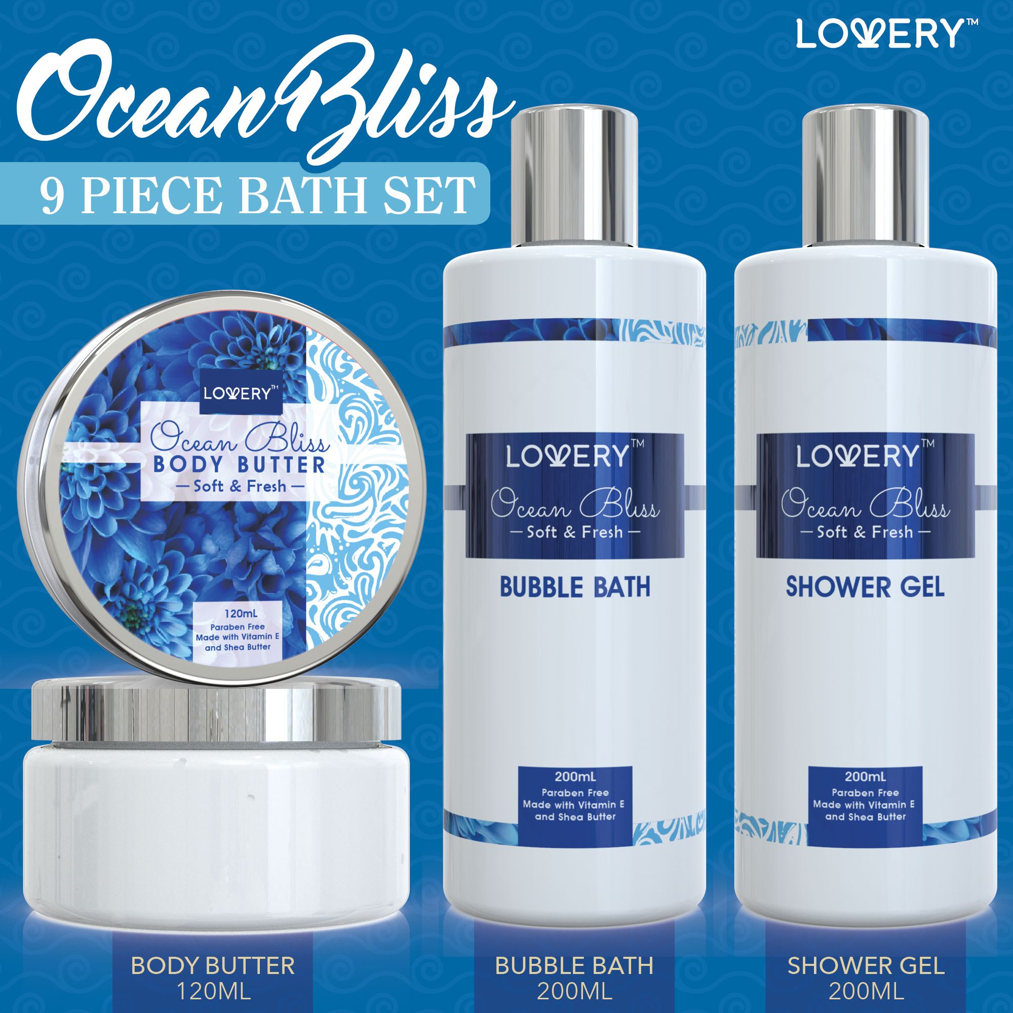 Ocean Bliss bath gift set with body butter jar, bubble bath, and shower gel bottles on a blue background