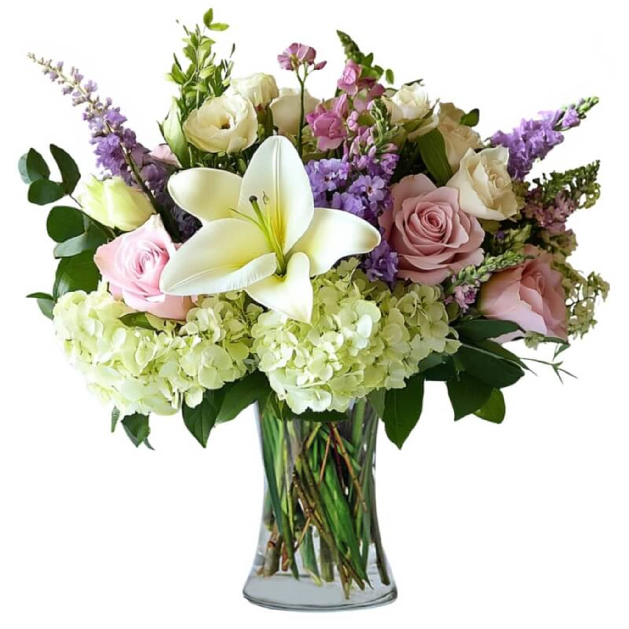 Soft pastel tones meet lush blooms in this stunning display, featuring delicate