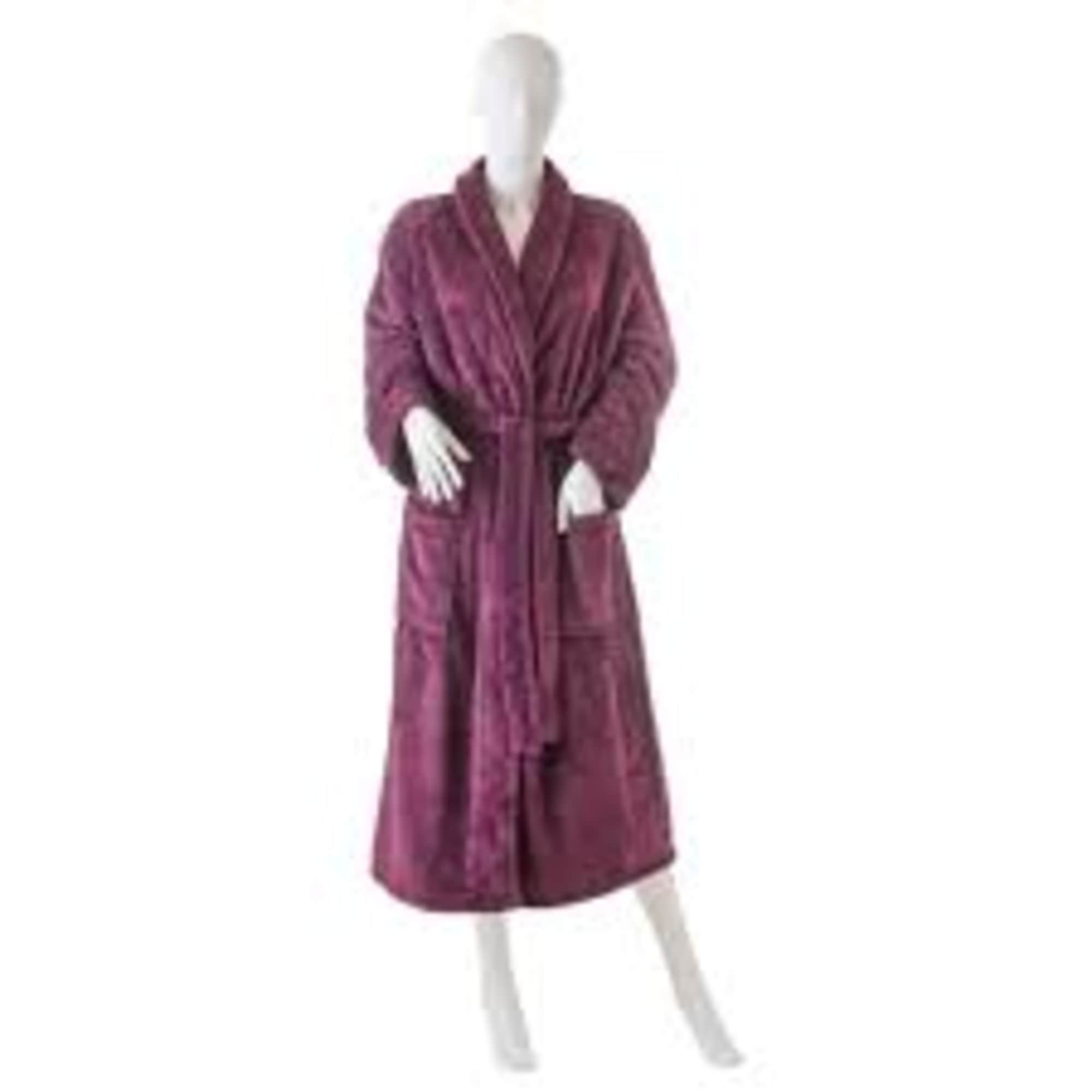 Plush long magenta bathrobe displayed on a white mannequin