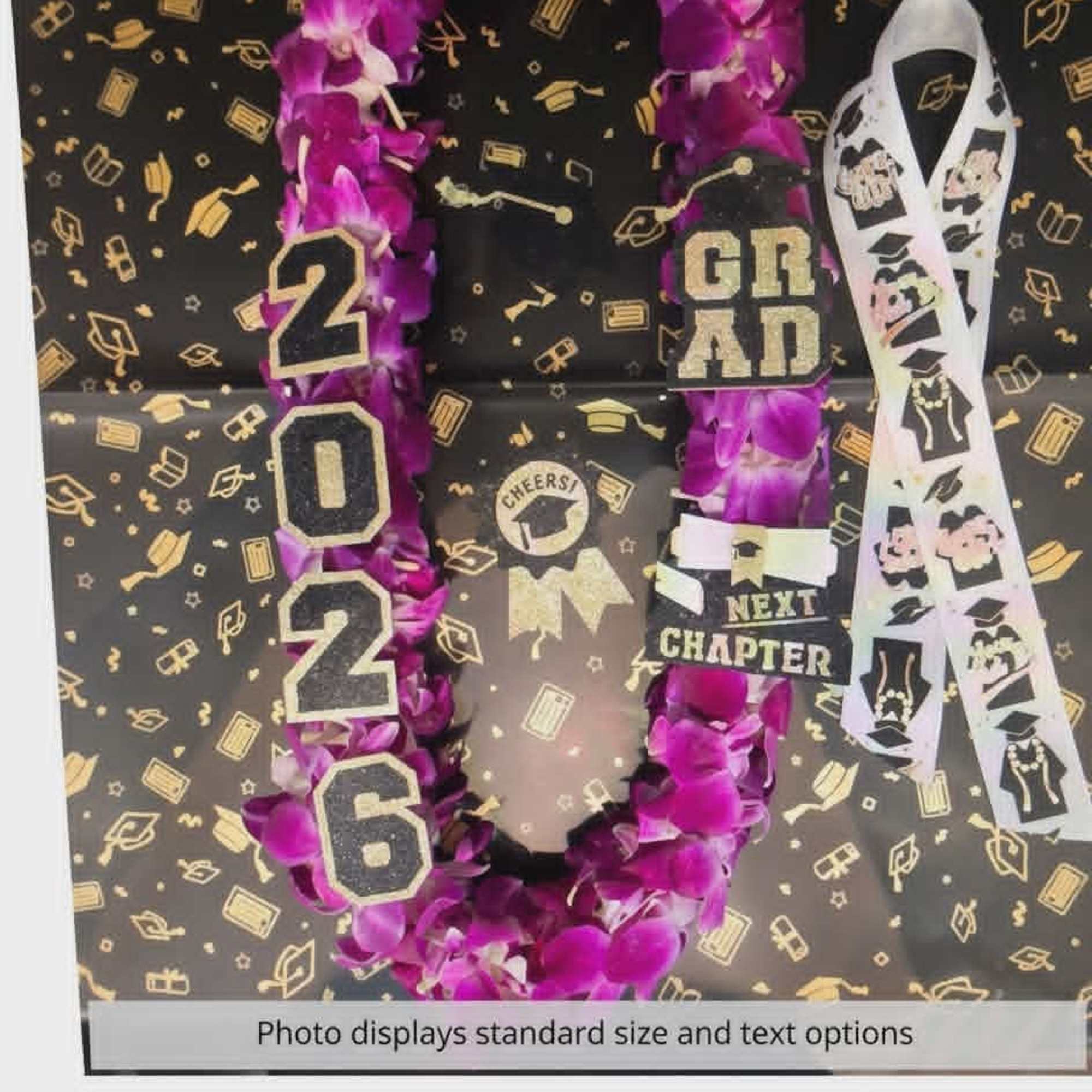 A custom double lei with glitter decals and bow