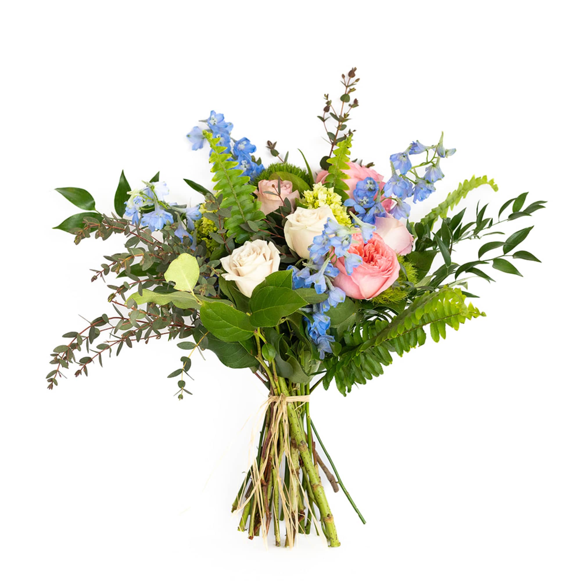 Hand-tied bouquet of pink and cream roses with blue flowers and lush greenery bound with twine