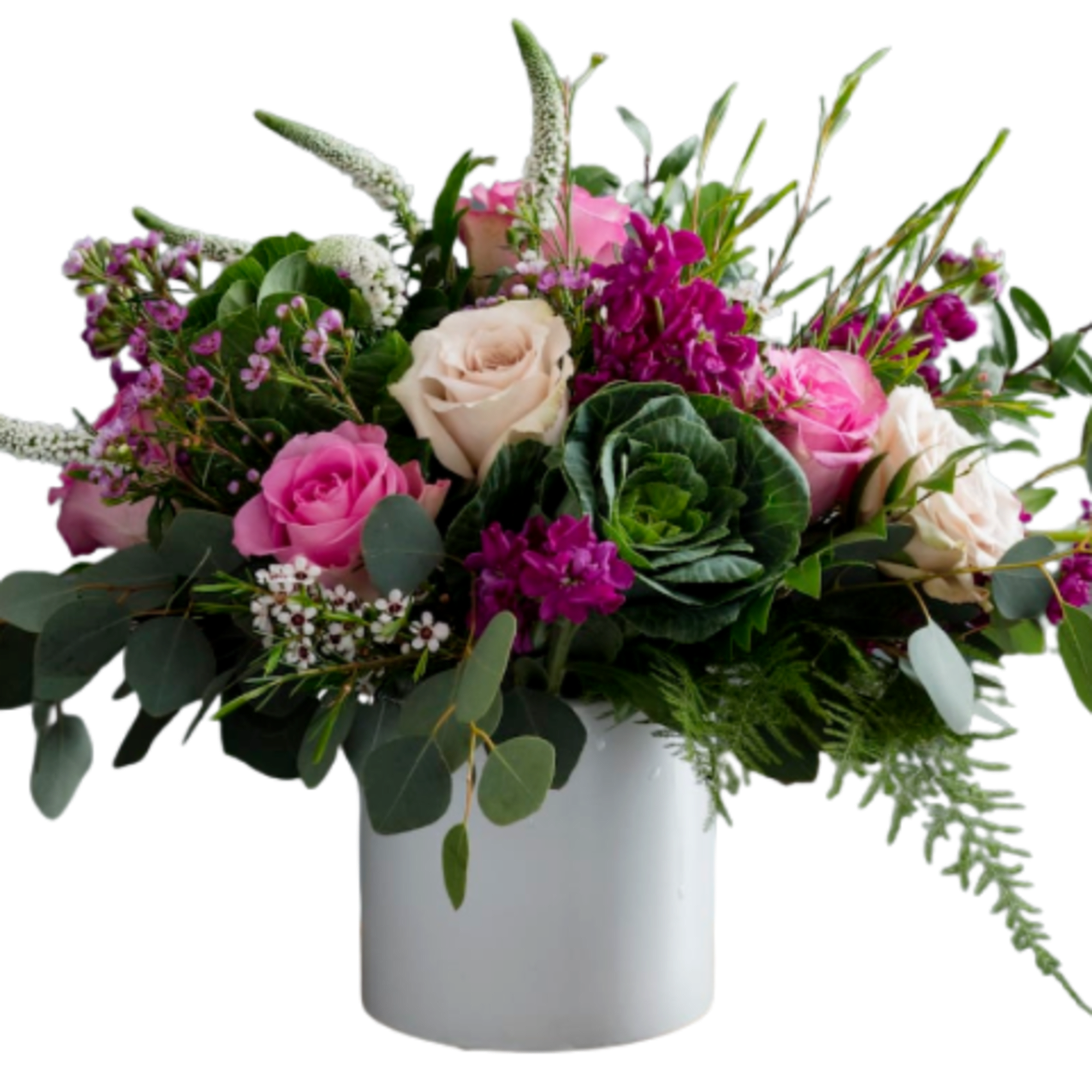 Pink and cream roses in a white vase with mixed greenery, photo 2 of 3