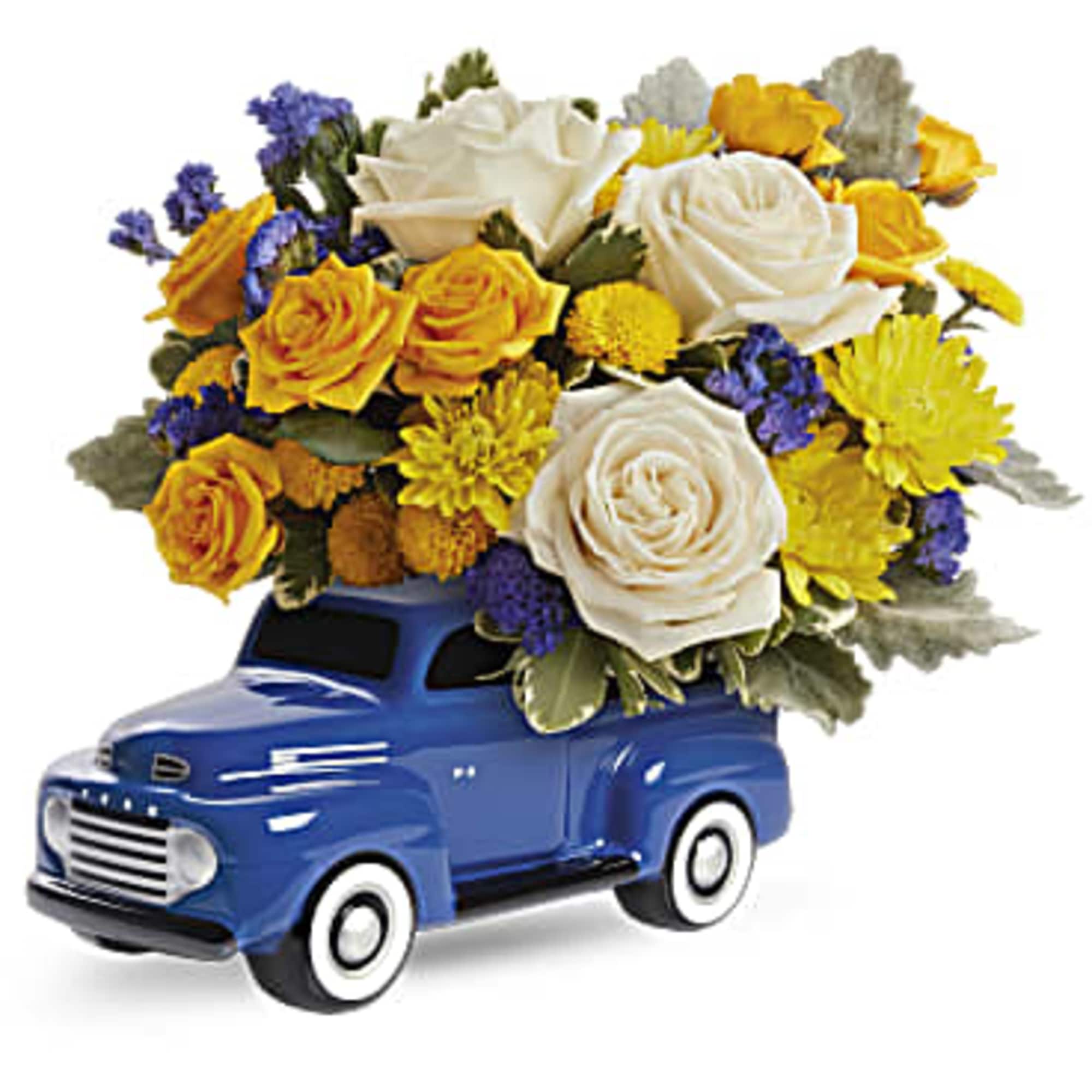 Blue toy truck holding a bouquet of white, yellow, and purple flowers
