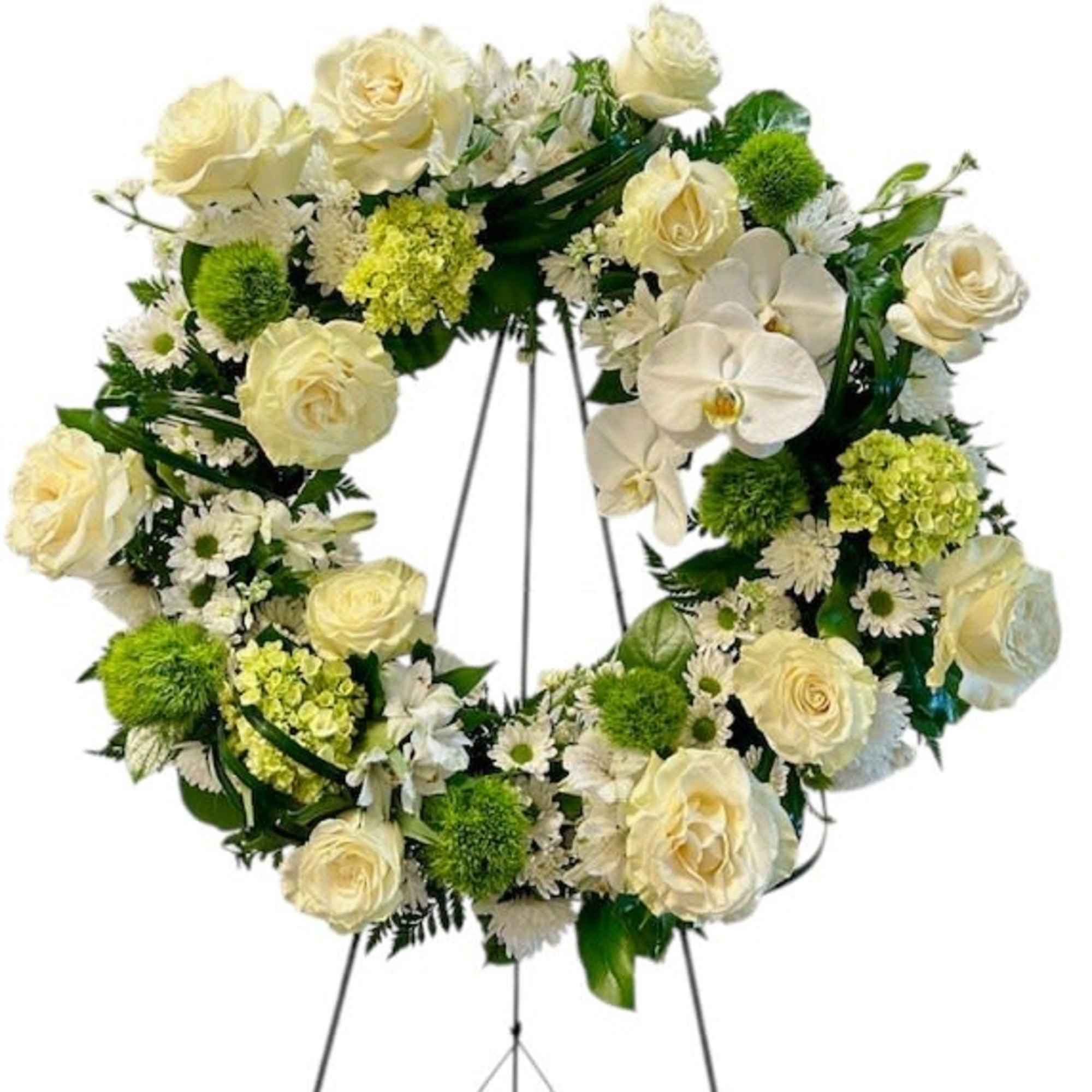 Cream rose and orchid wreath on a standing easel