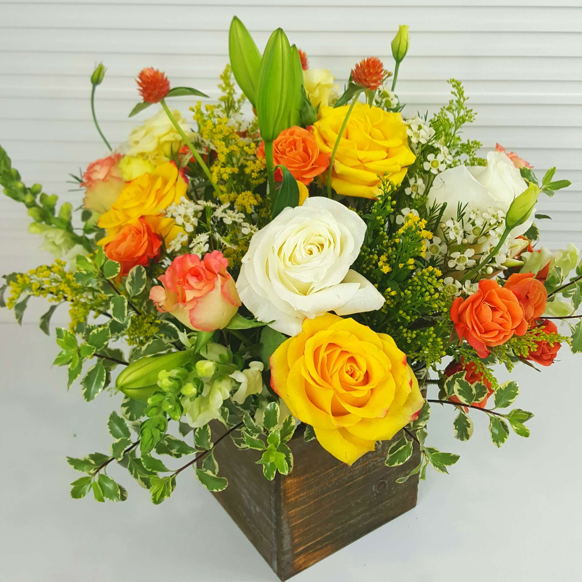 White and Yellow roses, snap, lilies, orange spray roses, solidago, waxflower, and, photo 2 of 3