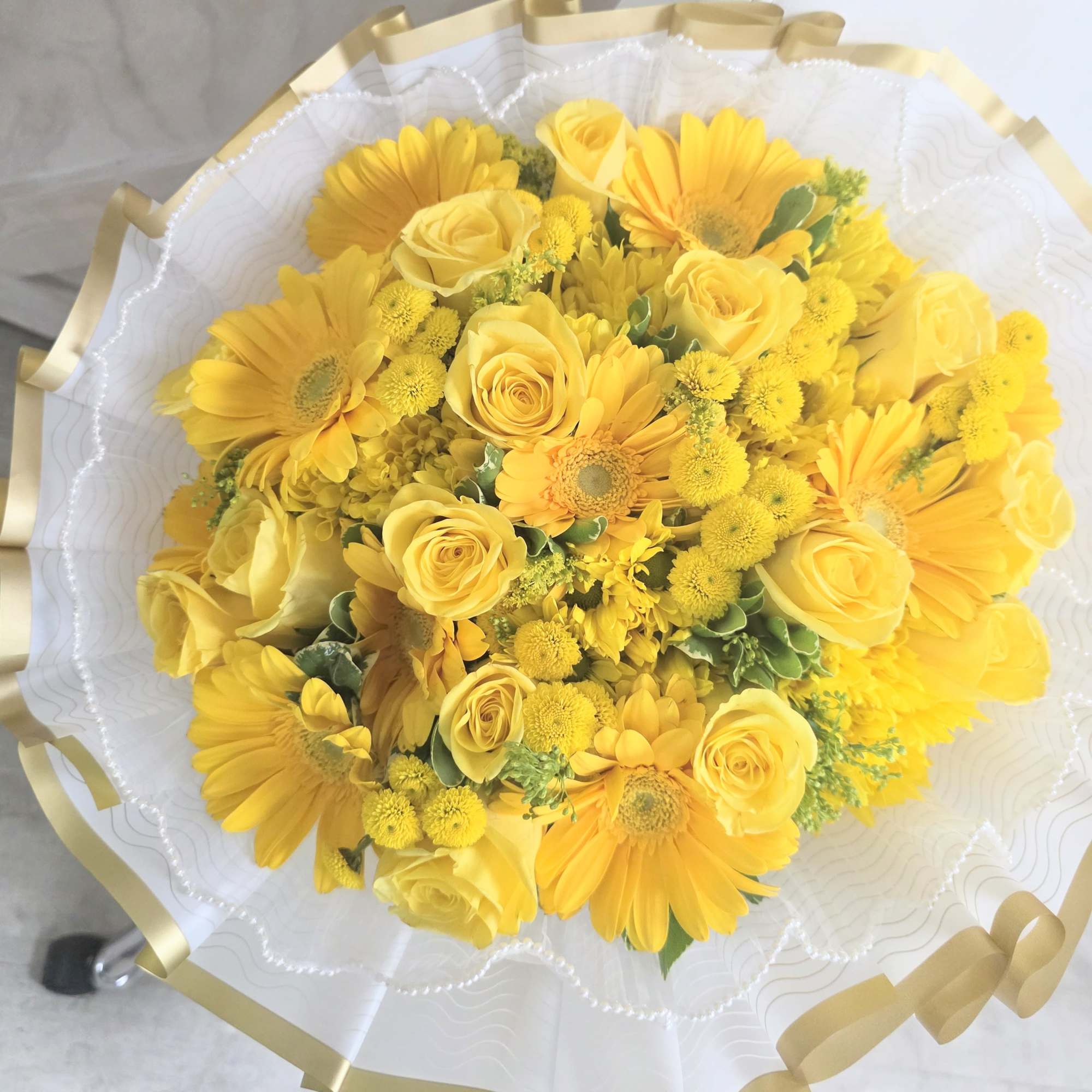 Premium wrapped bouquet with pearl sheer trim and a mix of yellow, photo 2 of 2