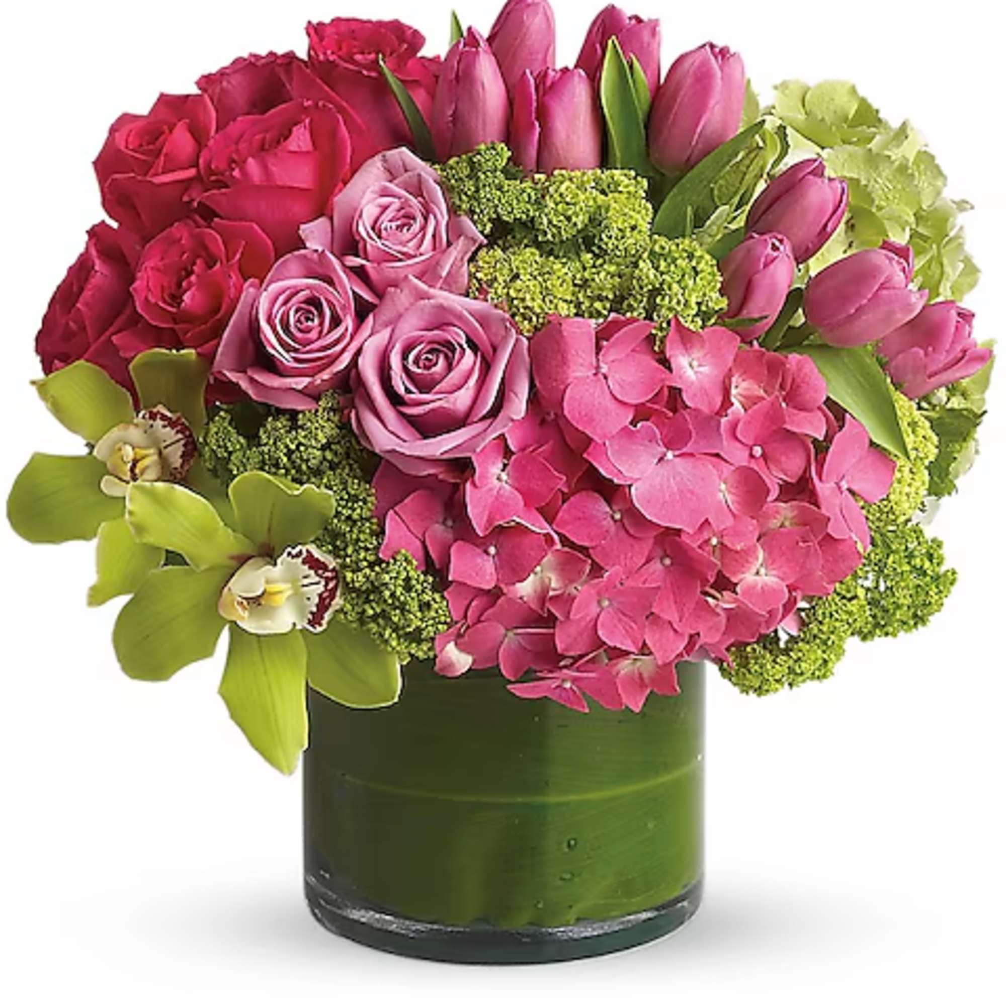 Pink roses, tulips, and hydrangea in a green glass vase