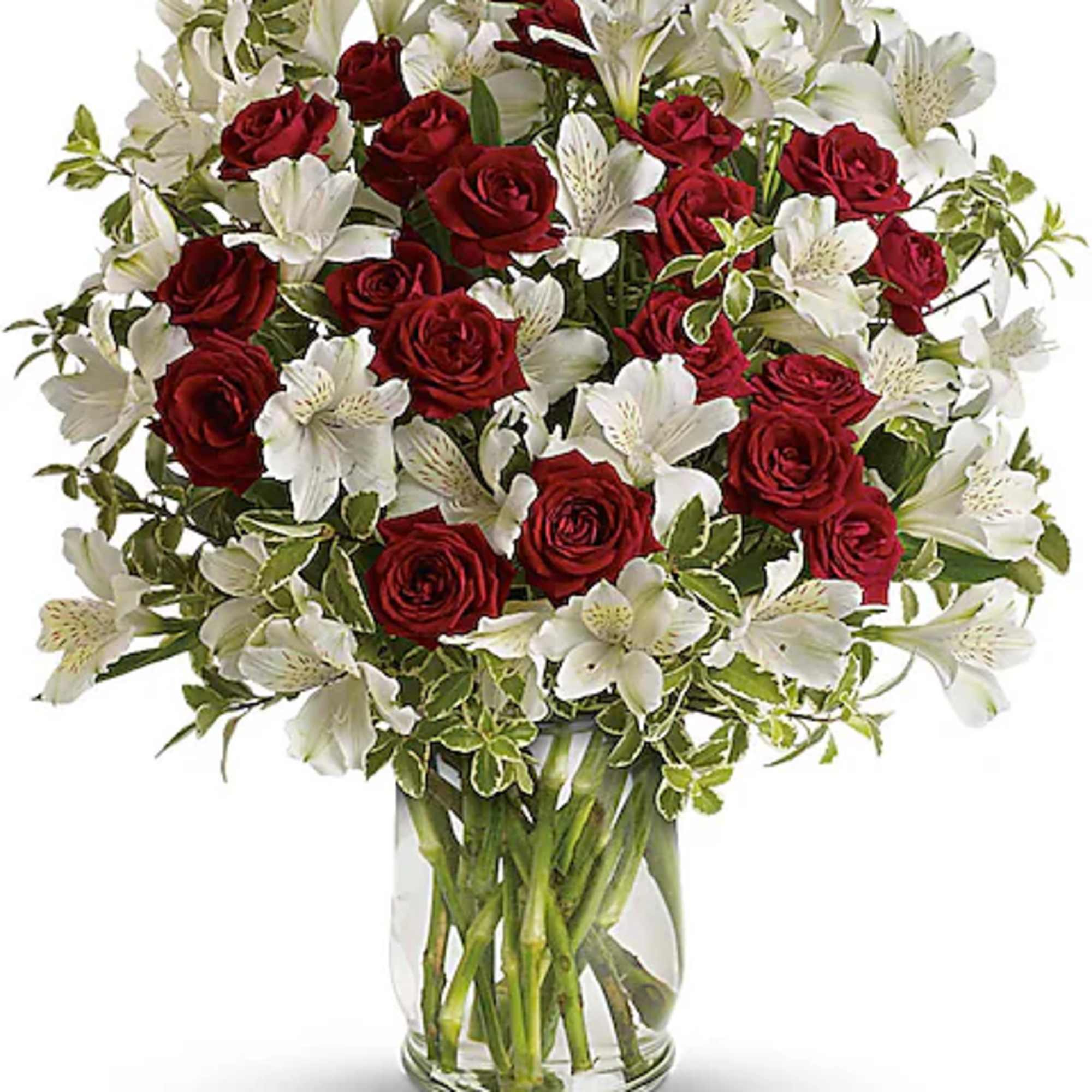 Red roses and white alstroemeria in a clear glass vase