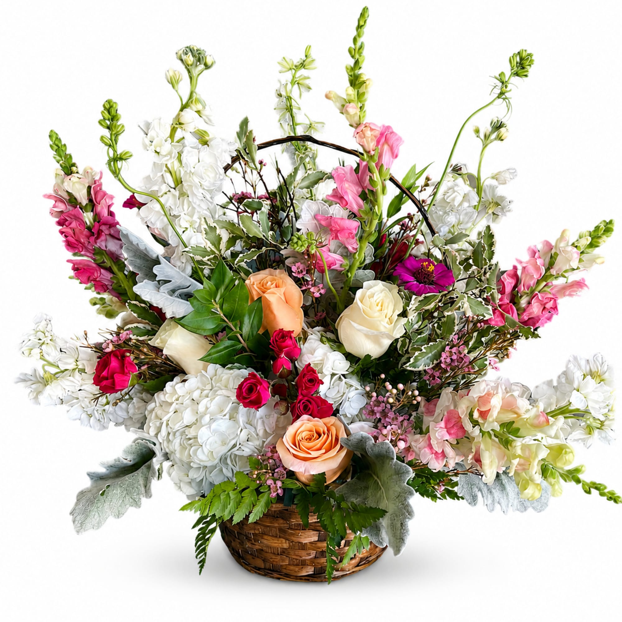 White and salmon roses made the eyes dance while surrounded by pink