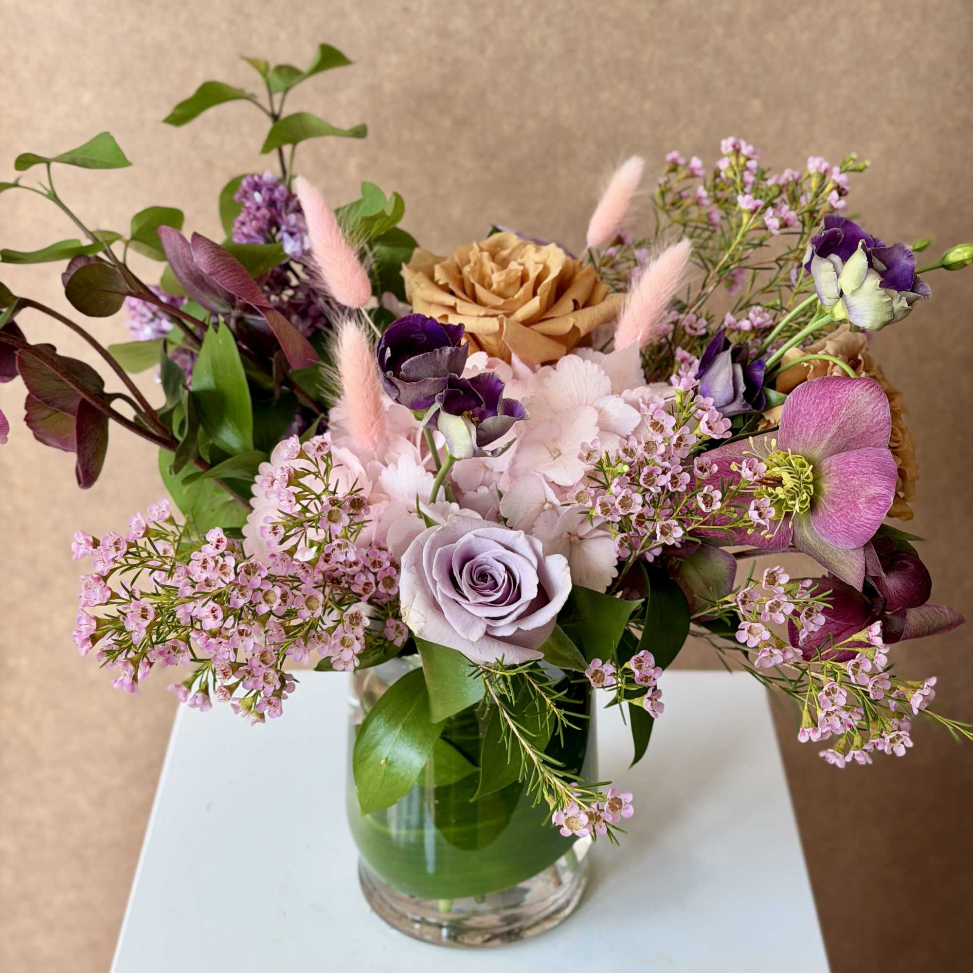 Thoughtfully curated color palette for a lush, springy arrangement in pink, lavender, photo 2 of 4