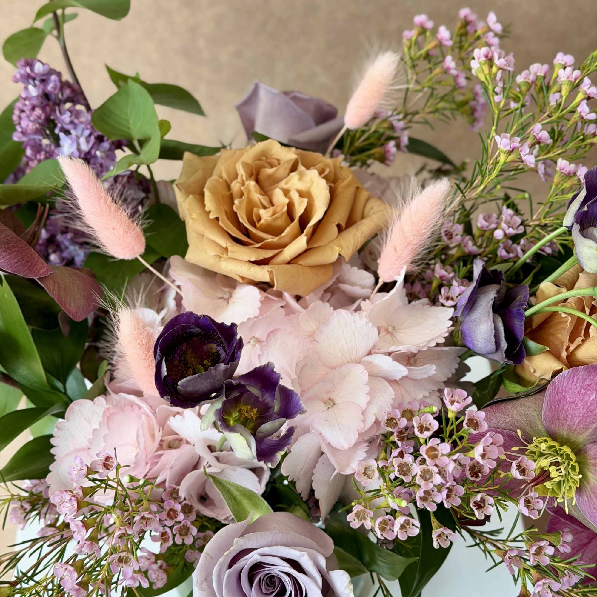 Thoughtfully curated color palette for a lush, springy arrangement in pink, lavender, photo 3 of 4