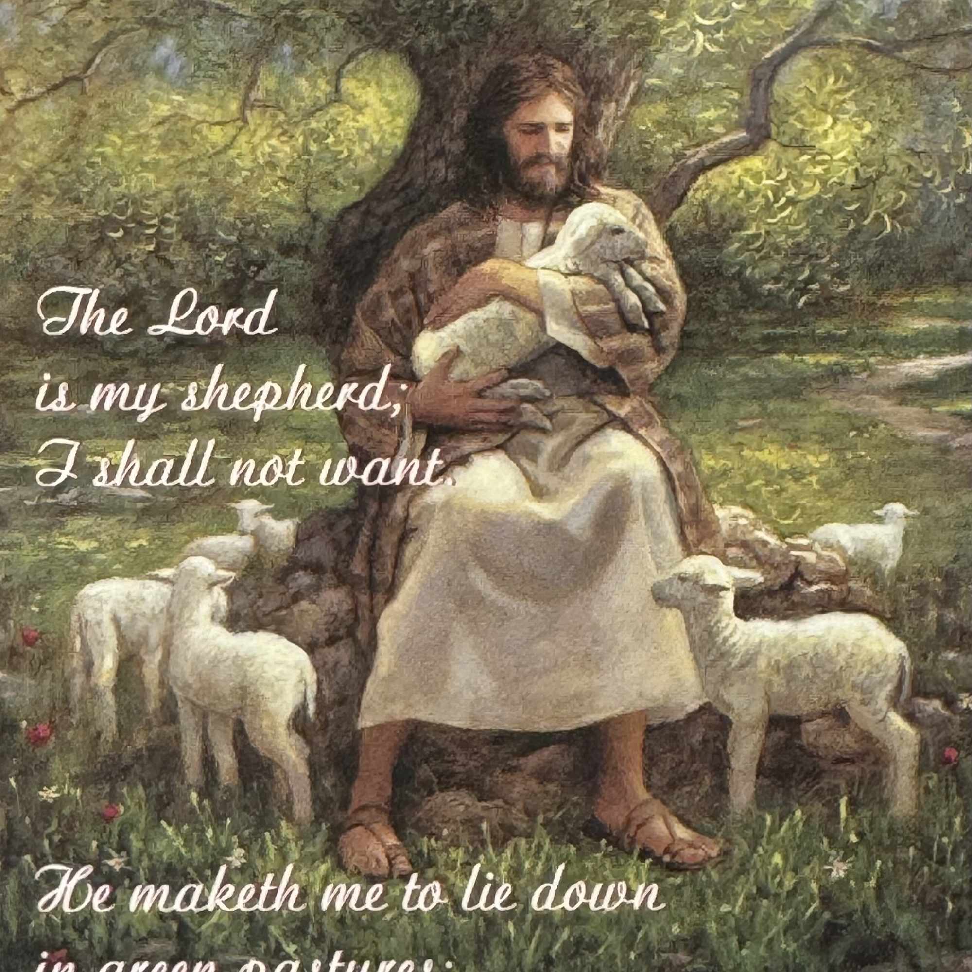 Religious artwork of a robed man holding a lamb, seated under a tree with sheep around him.