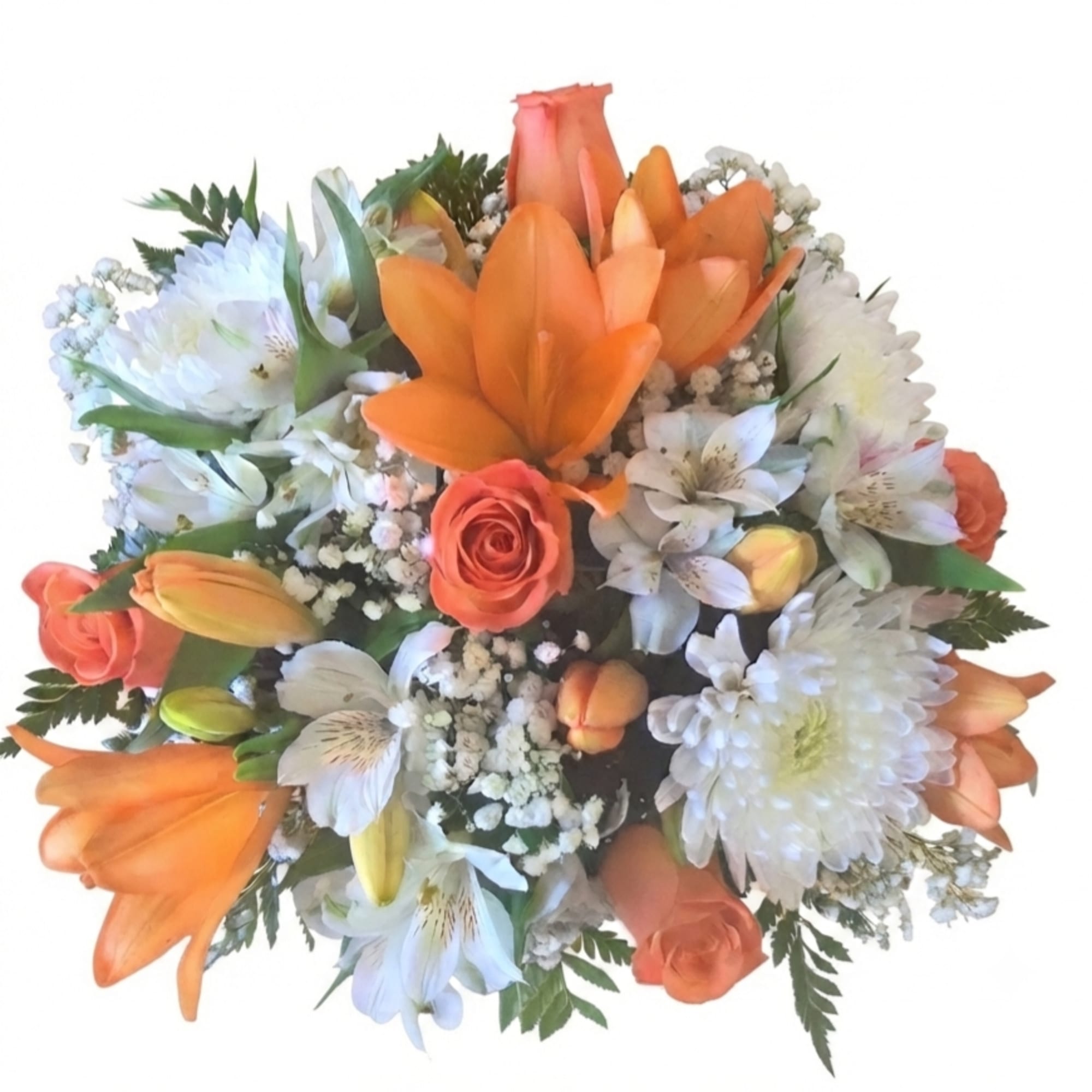 Bouquet of orange lilies, coral roses, and white daisies