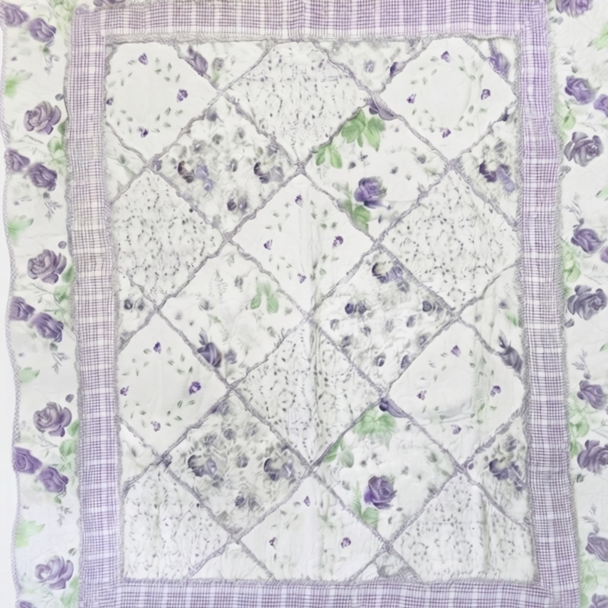 Quilt with purple rose print and lavender plaid border