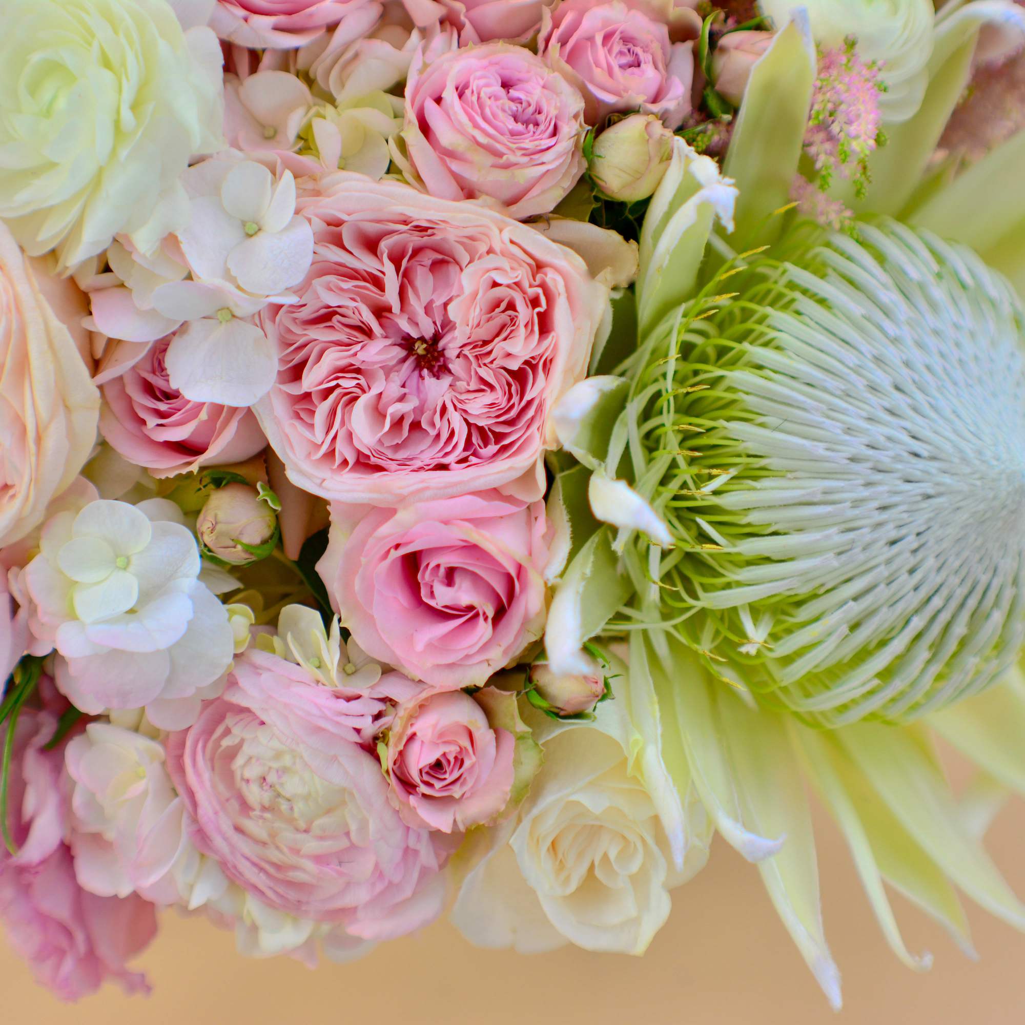 Pink and white bouquet with roses and a large pale green protea