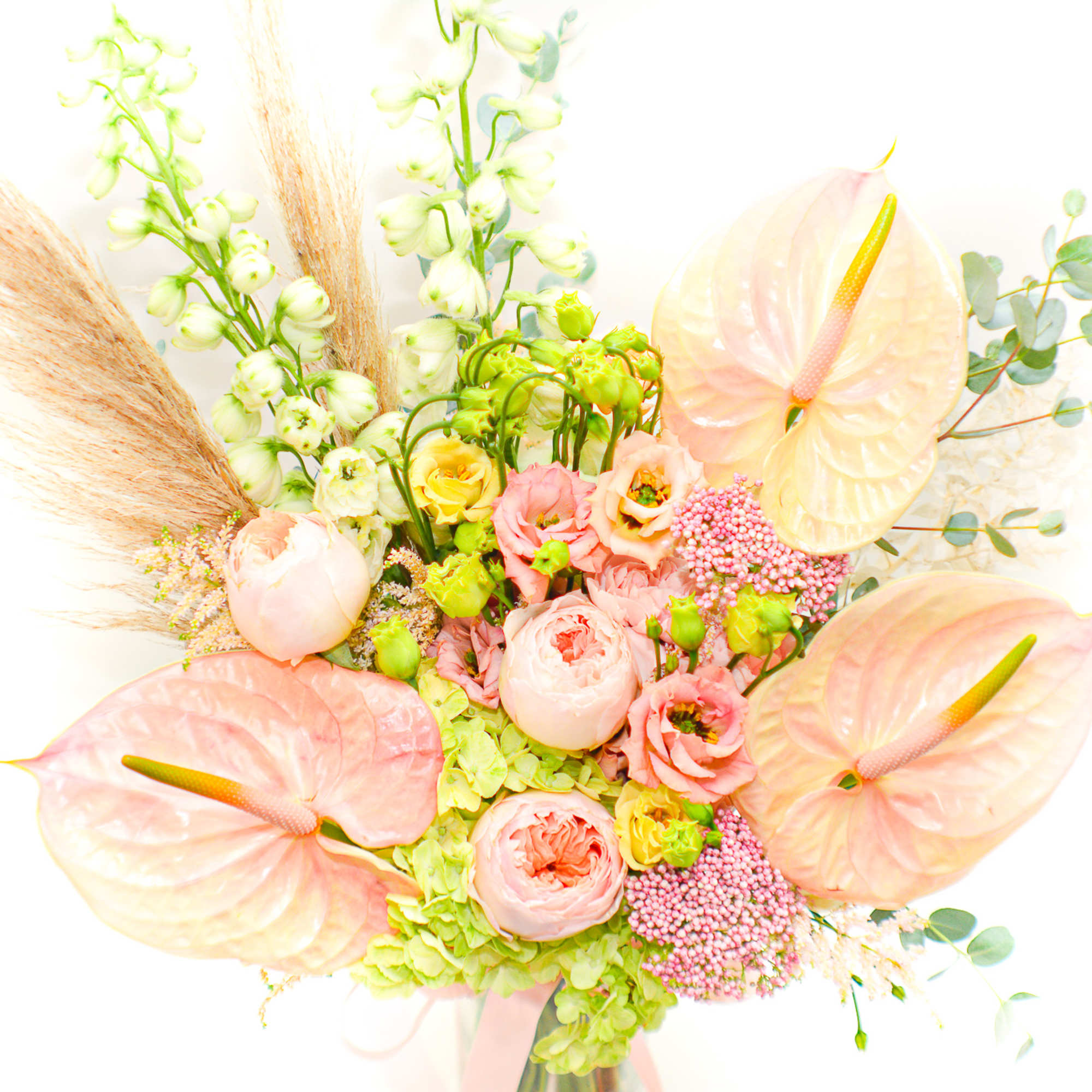Pastel bouquet with pink anthuriums and mixed flowers