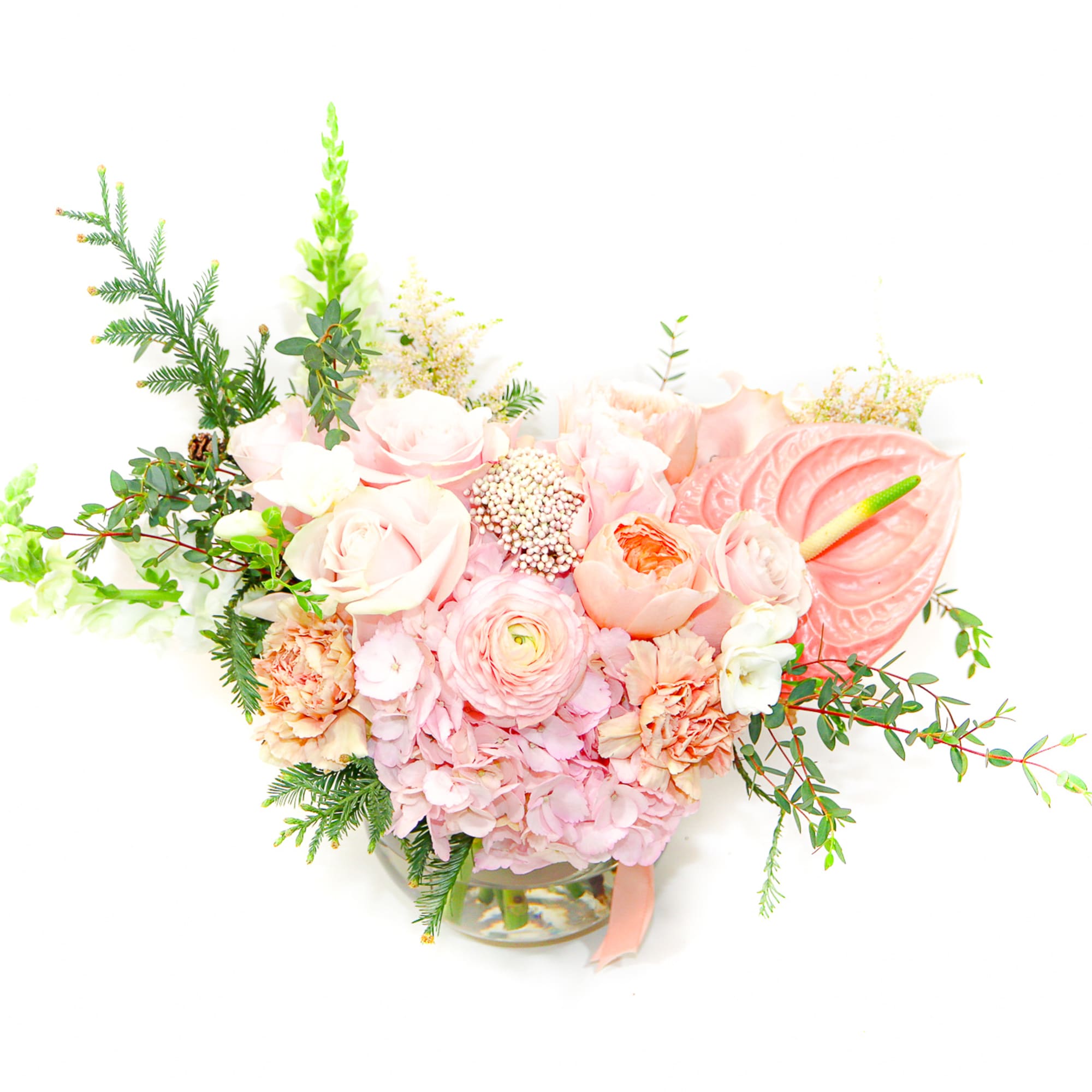 The Beauty, this stunning bouquet is created in glass bowl with blushes