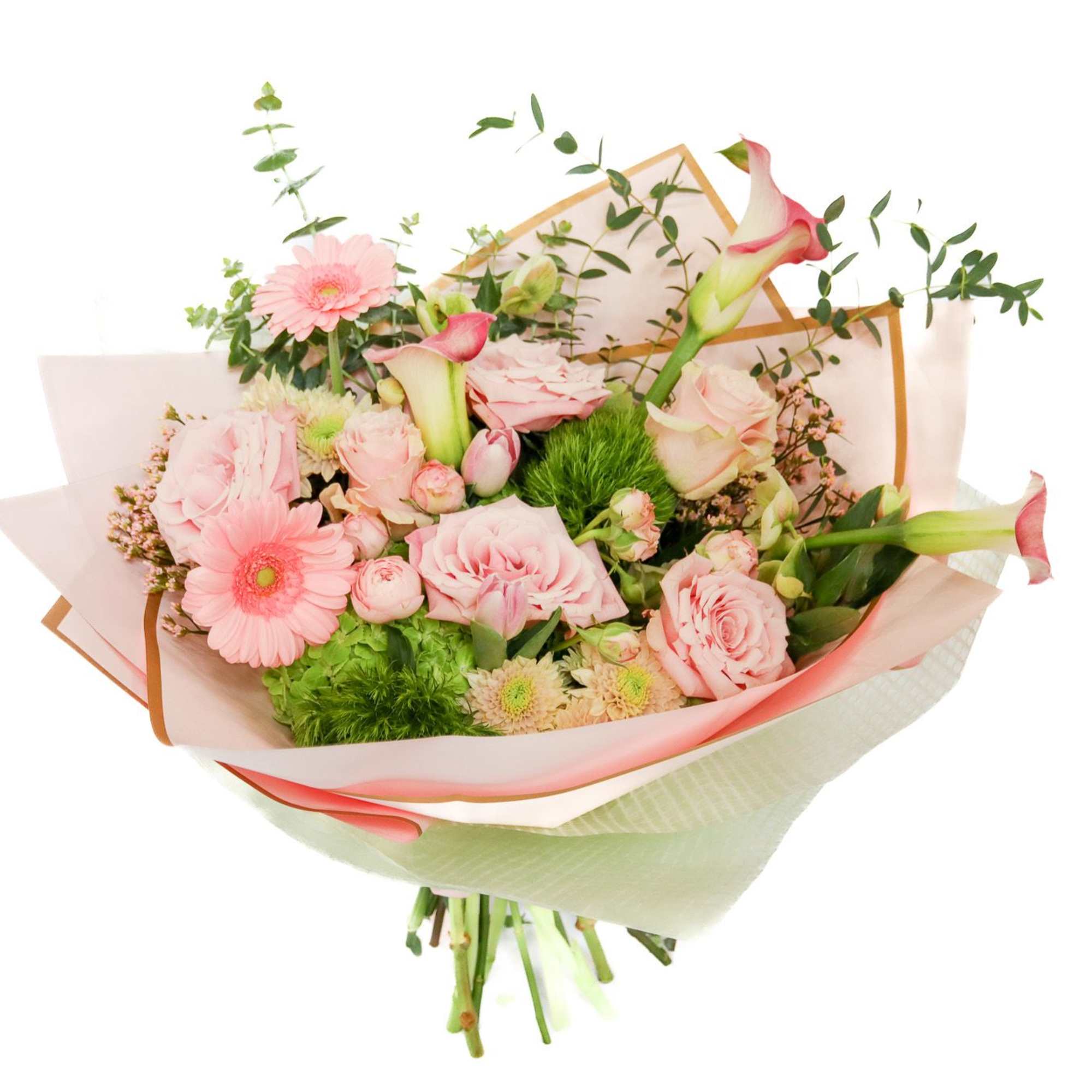 Pink bouquet with roses, gerbera daisies, and calla lilies in pastel wrap