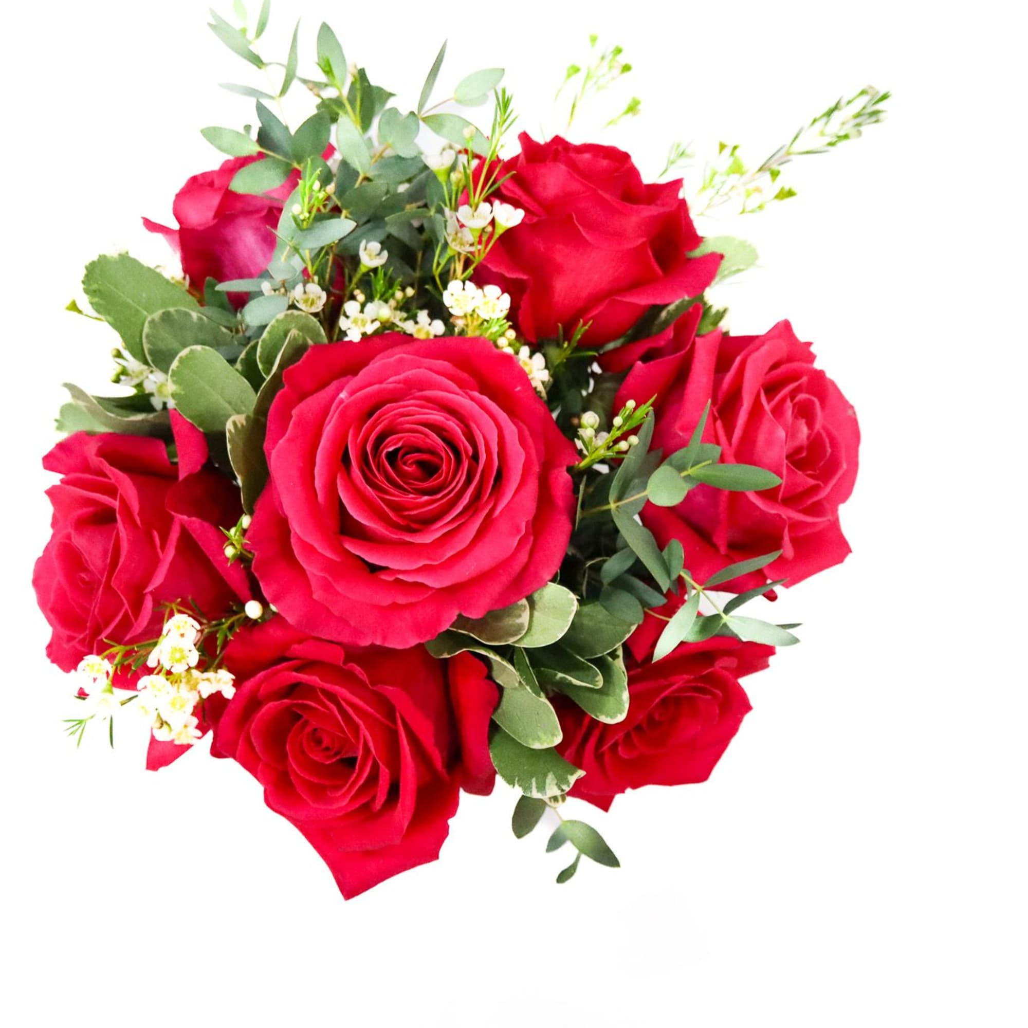 Bouquet of red roses with small white filler flowers
