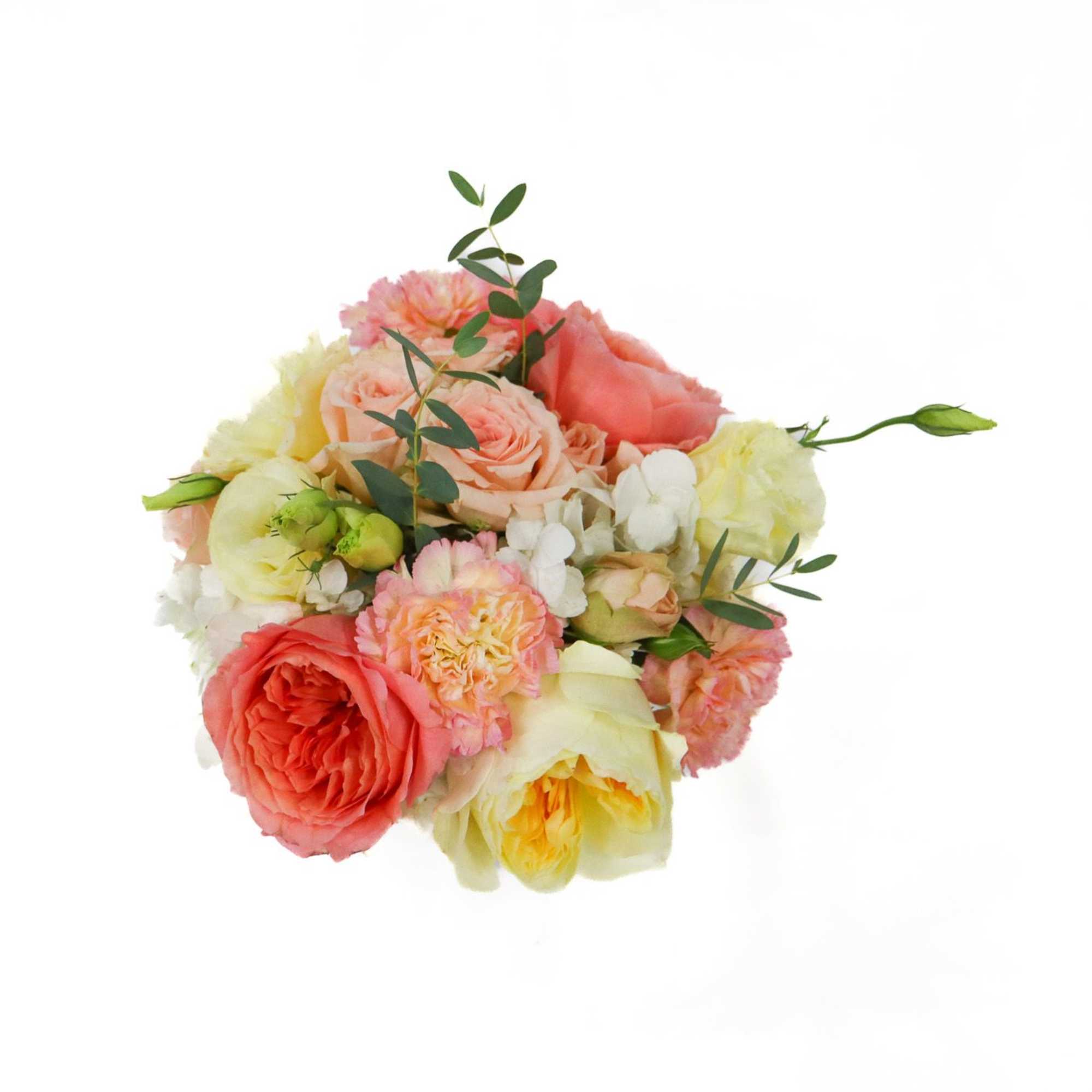 Bouquet of coral and pale yellow roses with small white flowers