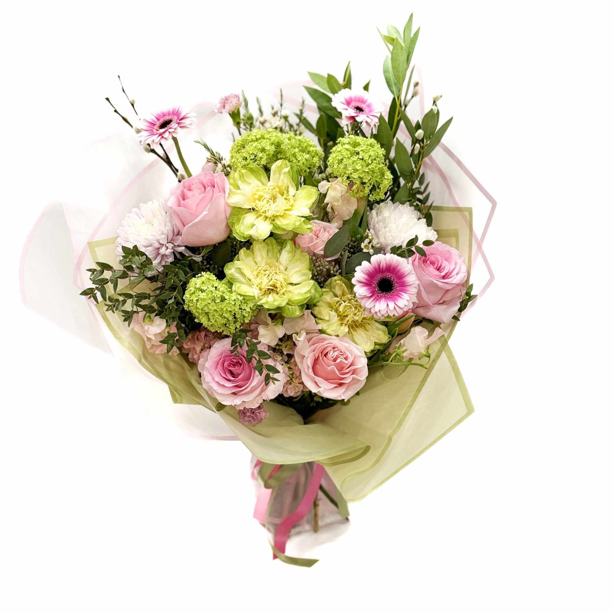 Pink and green mixed bouquet with roses and gerbera daisies, photo 2 of 3