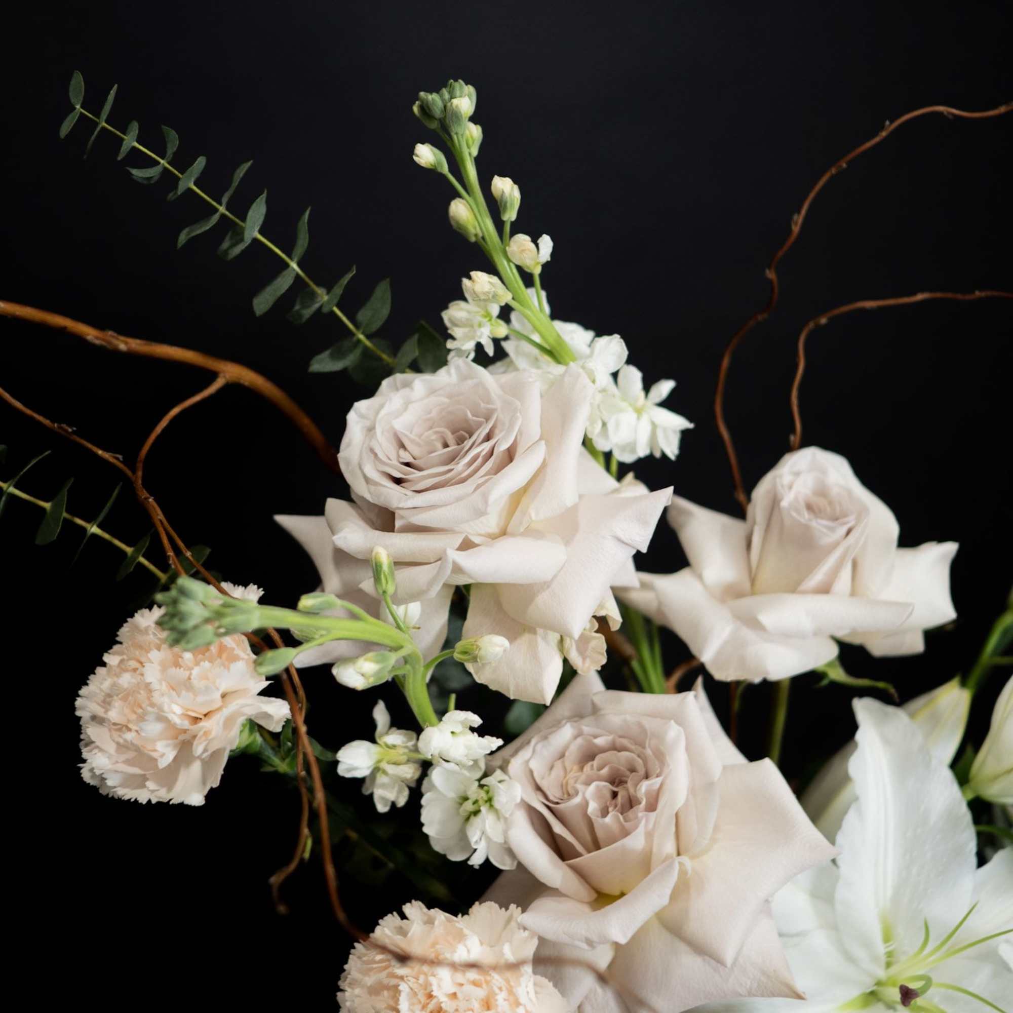 Blush roses and pale carnations with white blooms on a black background