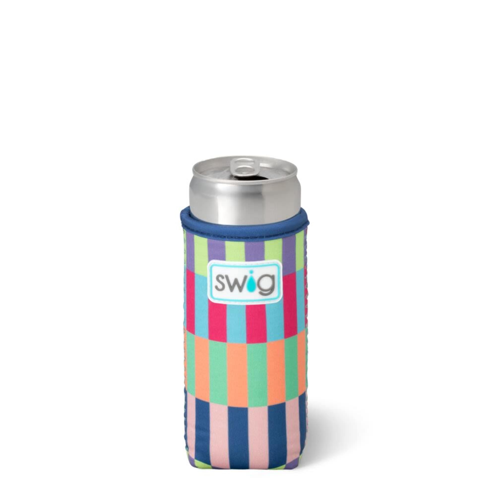 Colorful striped can cooler holding a silver beverage can