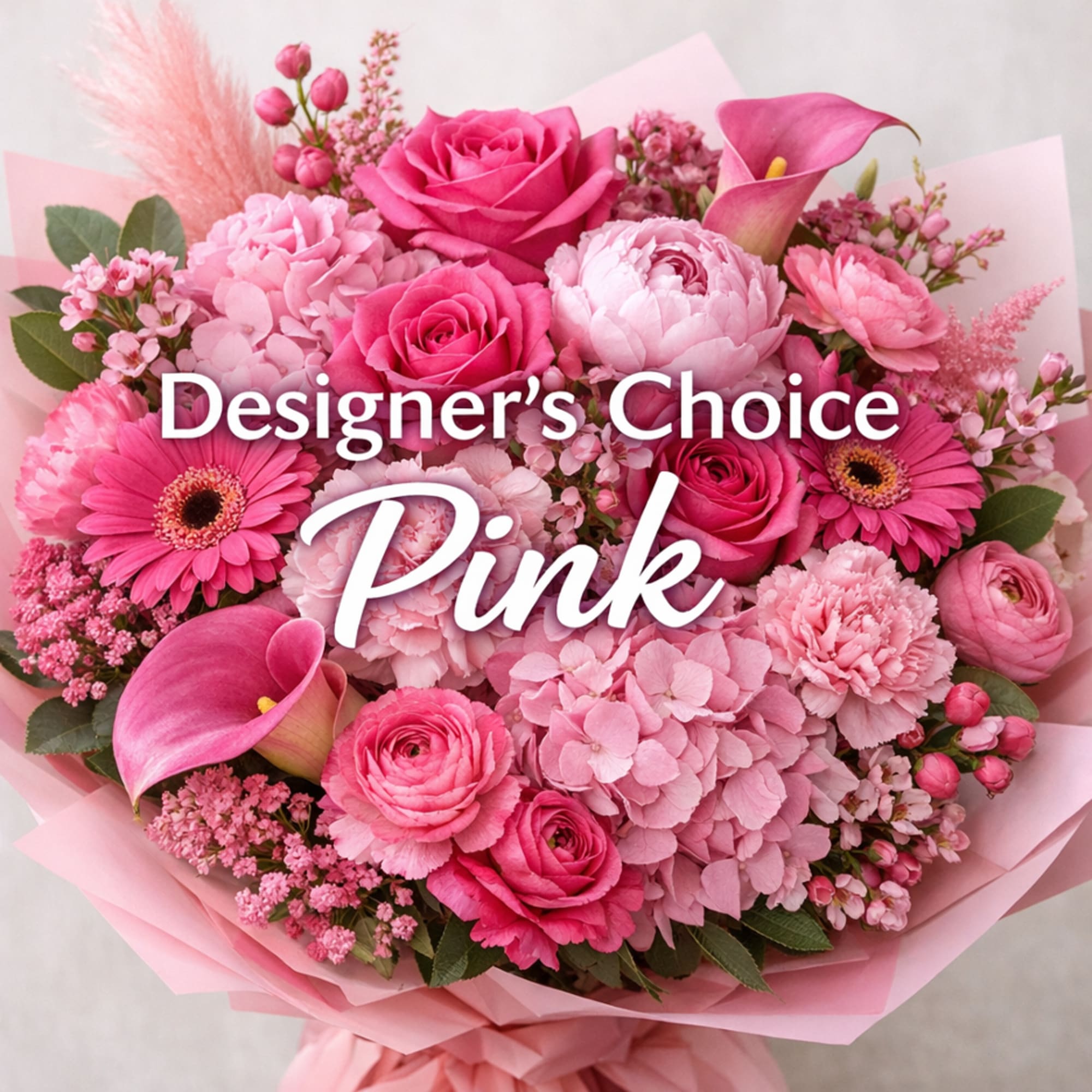 Pink bouquet with roses, gerbera daisies, hydrangea, and calla lilies