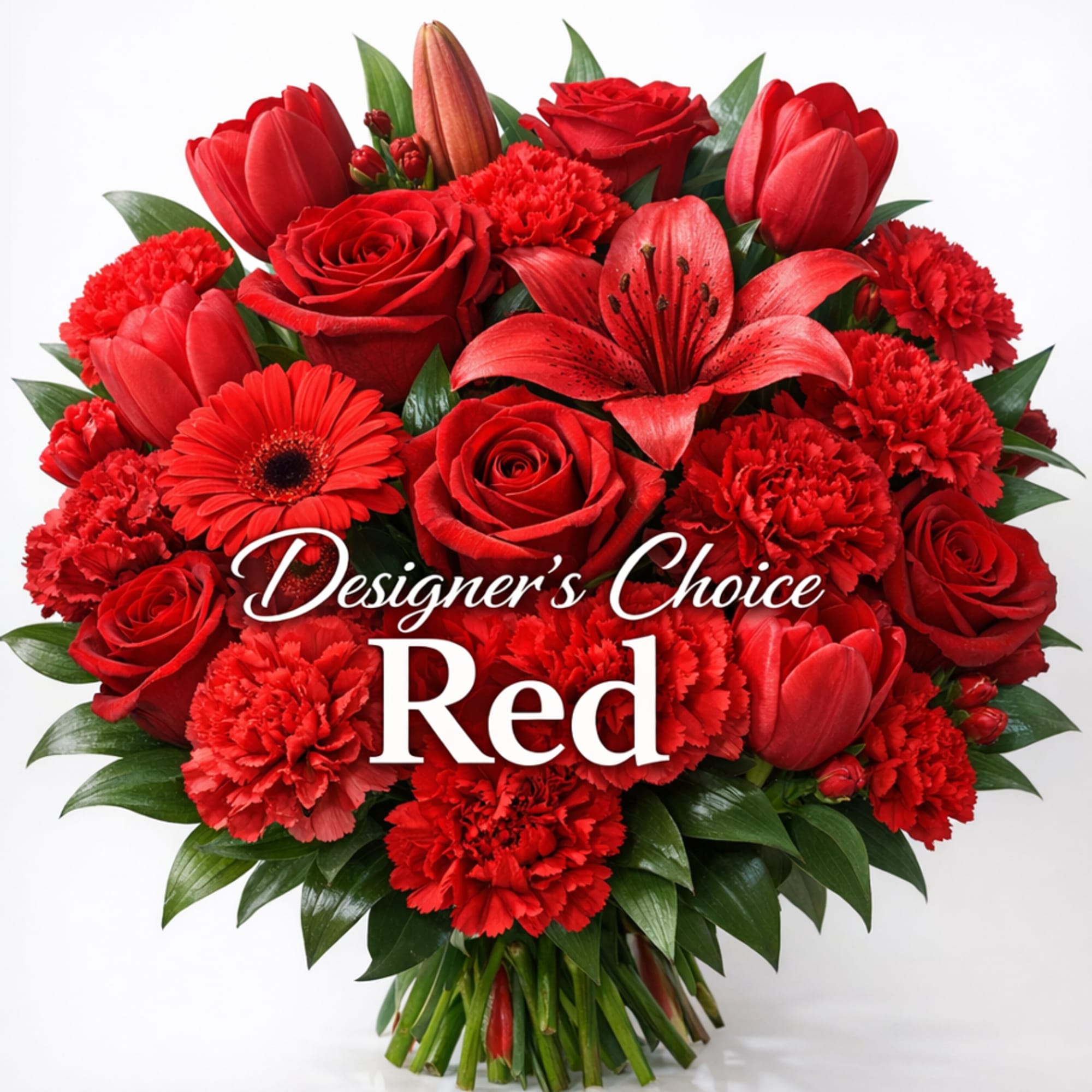 Red bouquet with roses, tulips, lilies, gerbera daisy, and carnations