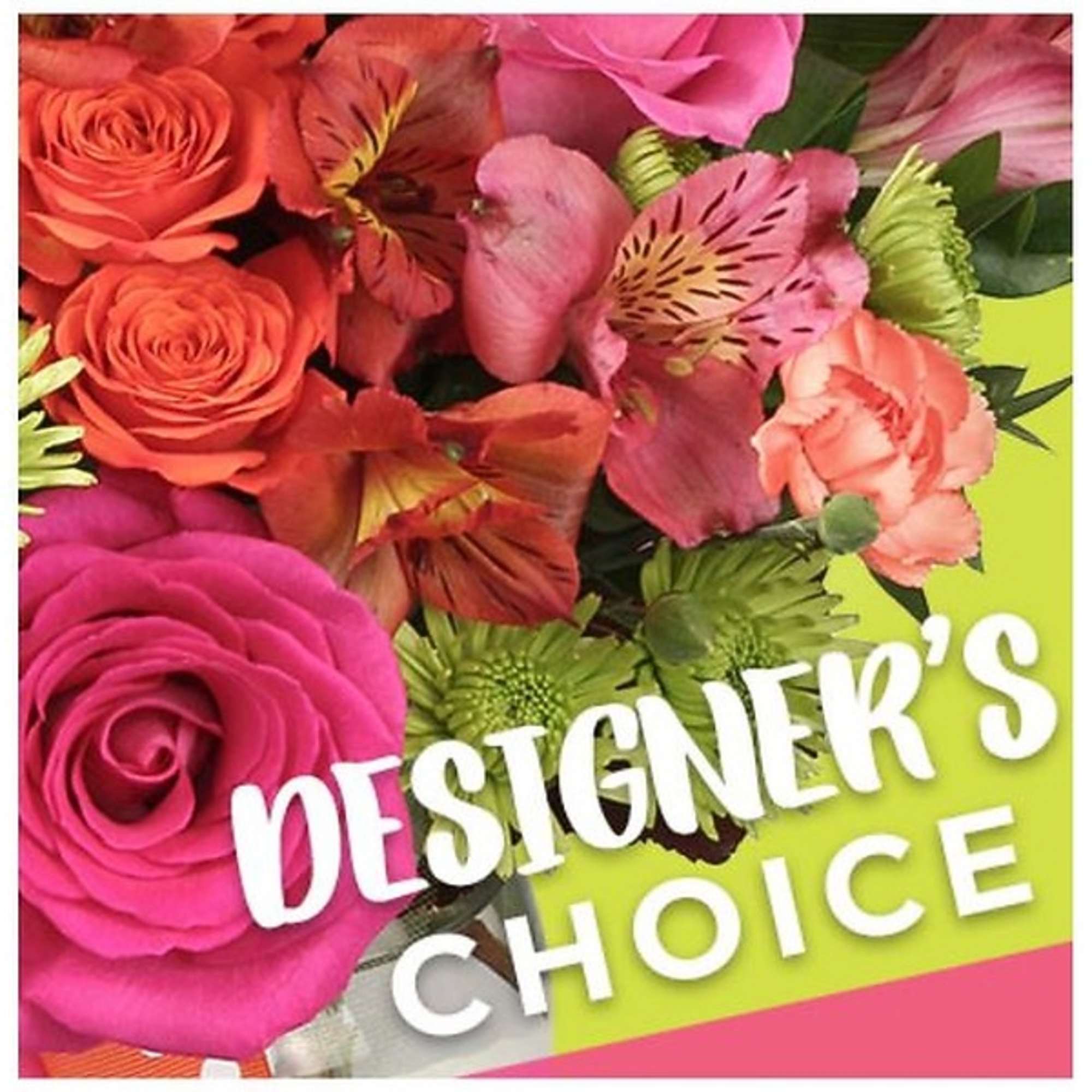 Mixed bouquet of pink and orange flowers with bold text overlay