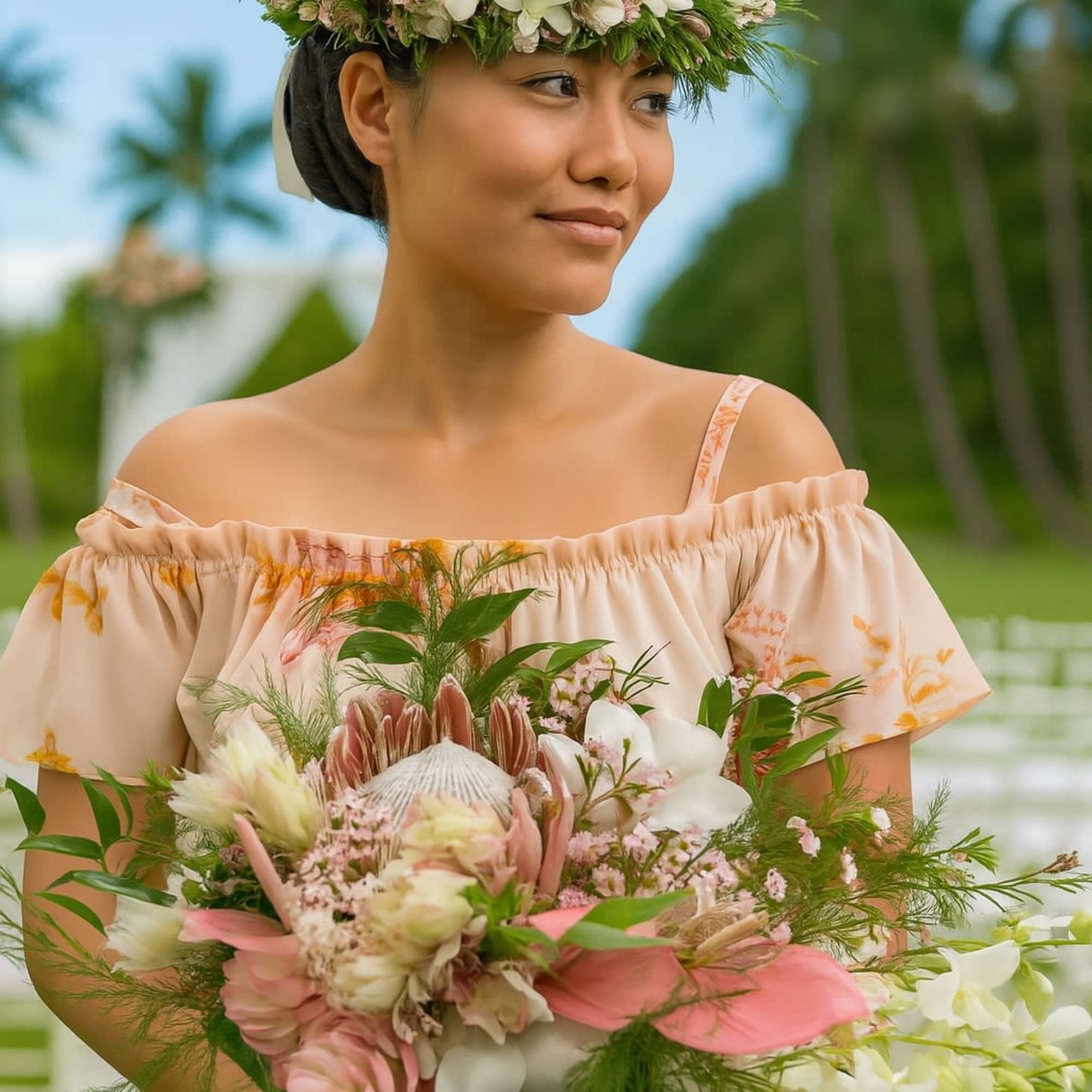 Woman in an outdoor setting wearing a floral crown and holding a large pink and white tropical bouquet